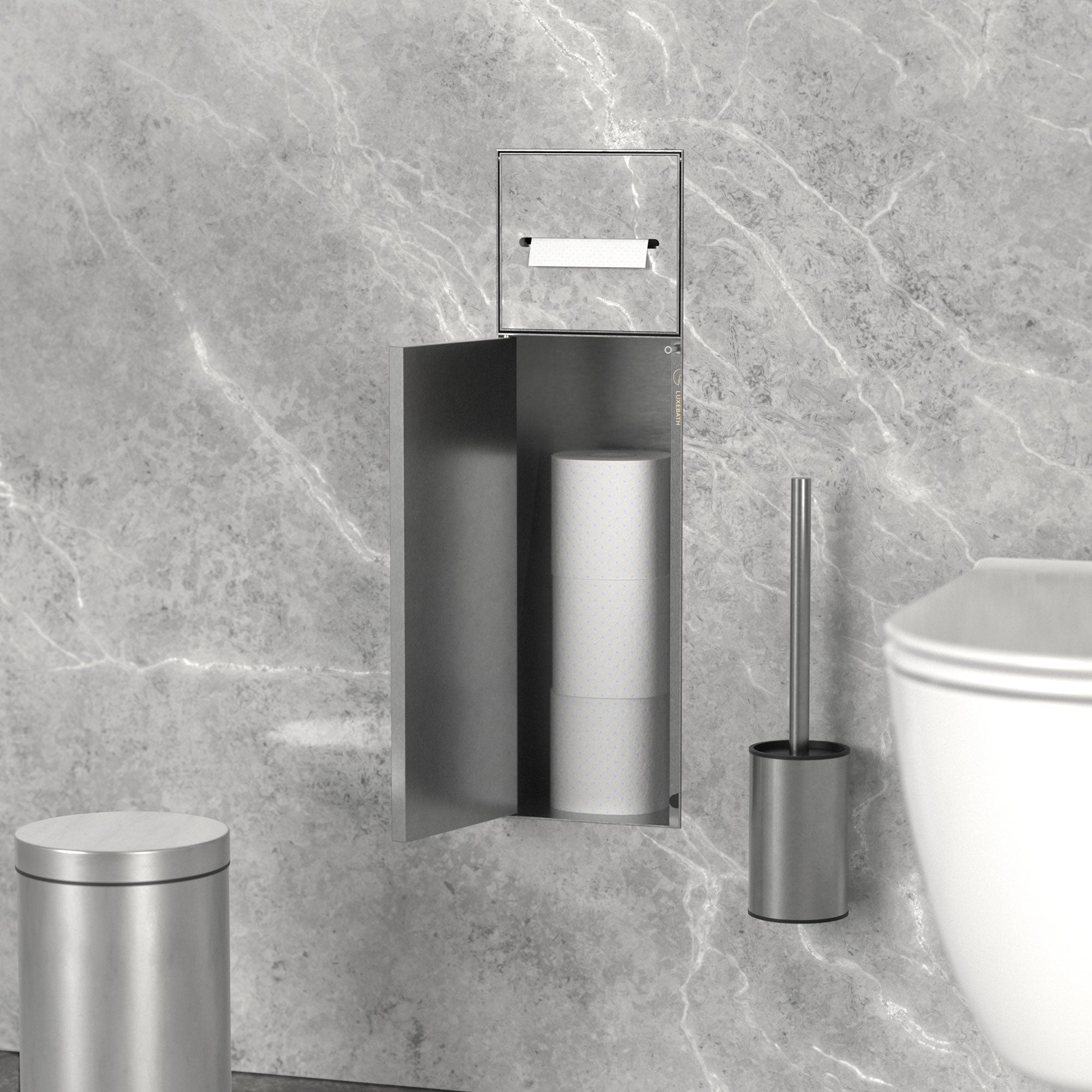 LuxeBath moduł szafki podtynkowej ze stali nierdzewnej srebrny 60x20x14 cm wnęka łazienkowa z uchwytami na papier toaletowy i szczotkę wc