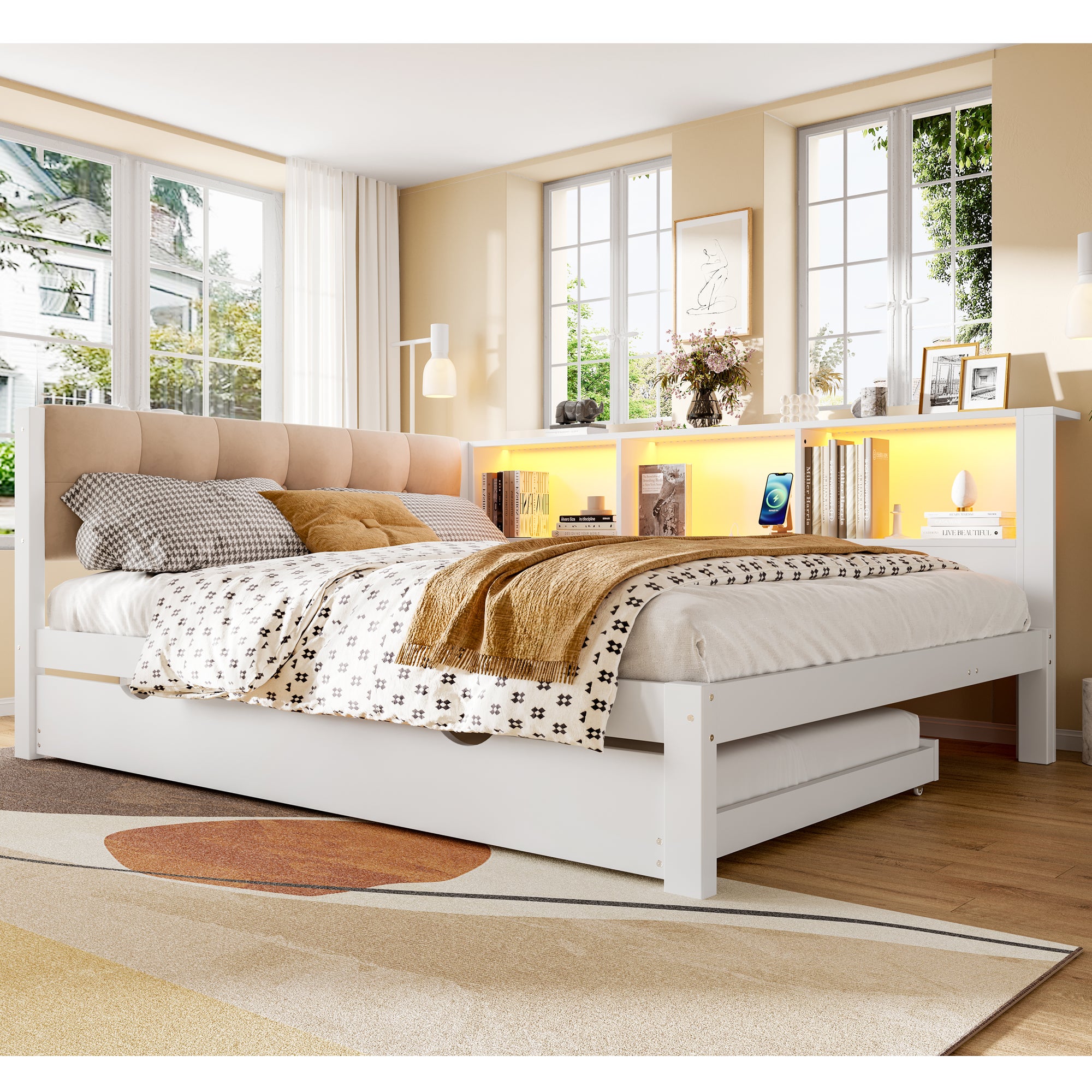 Letto imbottito 90 x 200 cm con 2 sgabelli contenitori per bambini