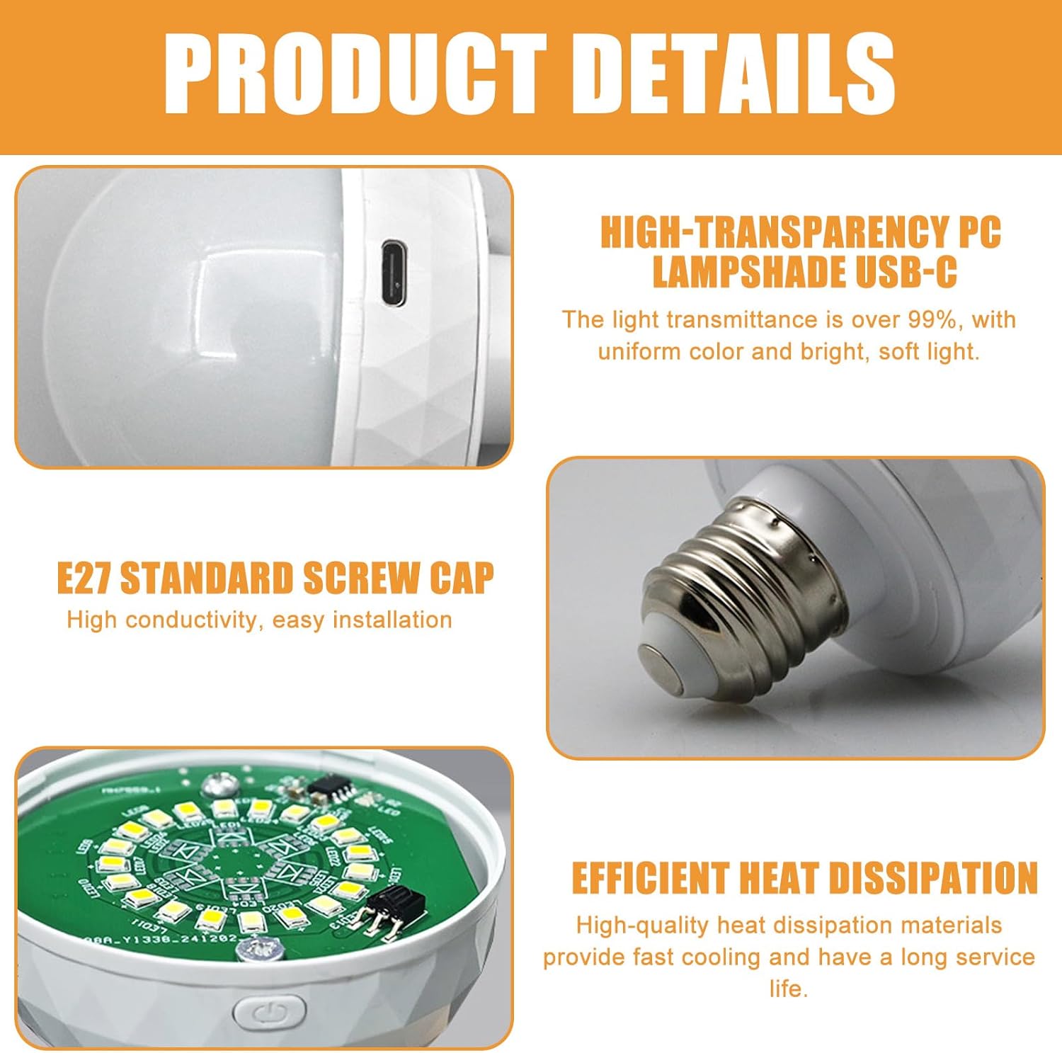 Ampoule rechargeable avec télécommande, culot E27, 3 couleurs dimmables, piles incluses, convient pour l'éclairage de secours, 2500 mAh. - 6