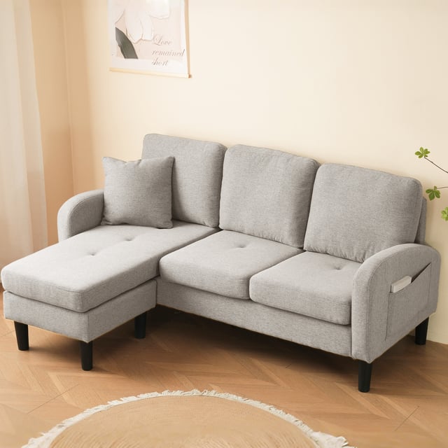 Divano angolare con chaise longue - 3 posti - tessuto cotone e lino - Beige grigio + bianco