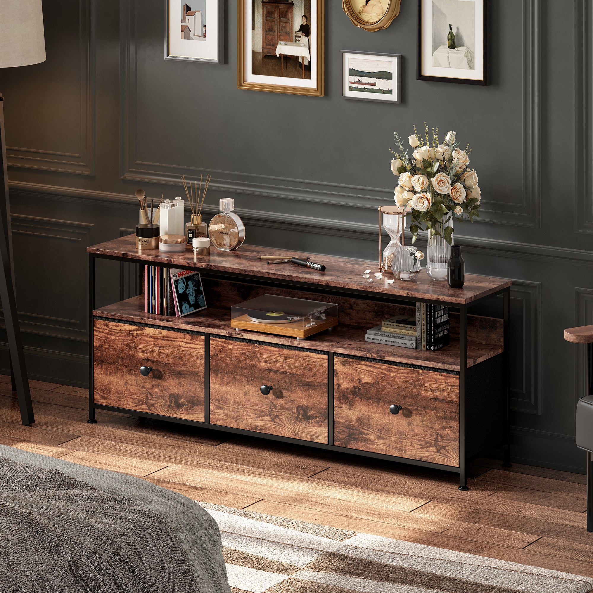 Meuble TV de 108 cm avec éclairage LED, équipé de 3 tiroirs et d'une étagère ouverte, pour le salon ou la chambre, couleur marron - 10