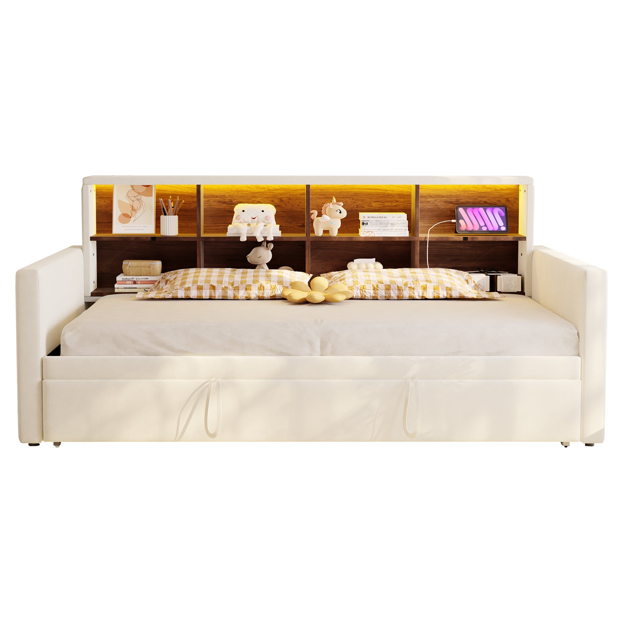 Rozkładana sofa z poduszkami 90x190cm - z oświetleniem LED - z gniazdem ładowania - z wysuwane łóżko - tkanina welurowa - beżowy - 7