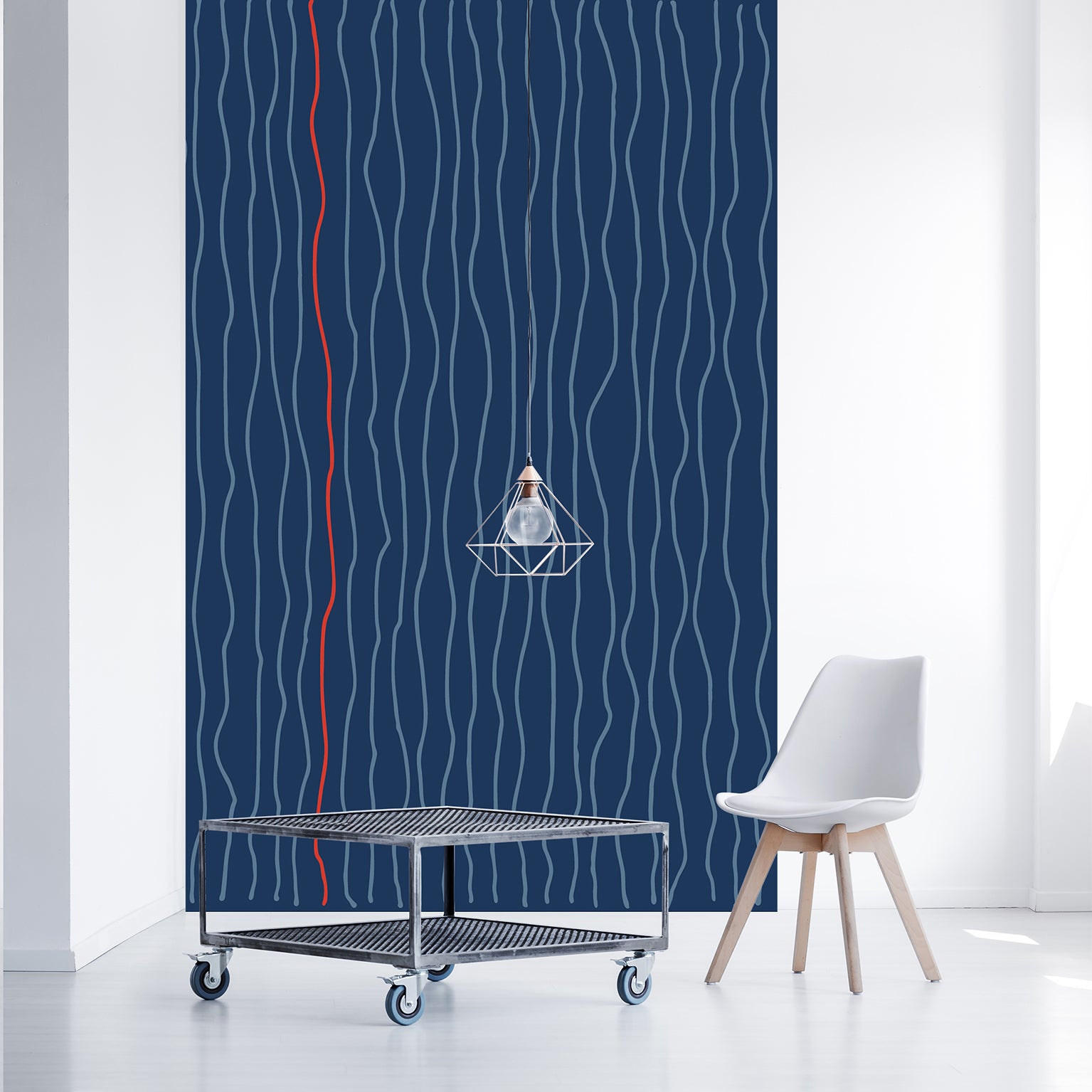 Papelera panorámica asegurada, patrones de ondas verticales azul claro, con ondas rojas sobre un fondo azul oscuro, 250 cm x 150 cm