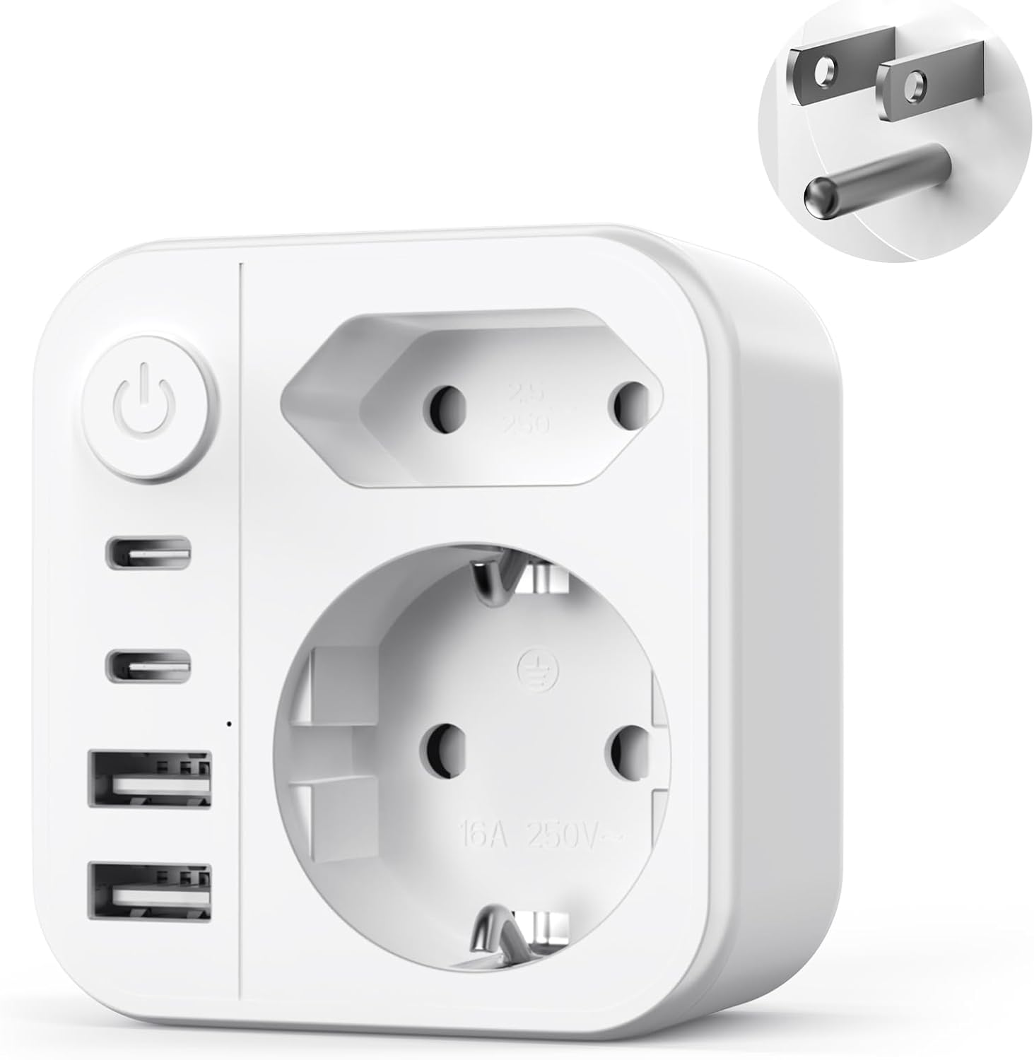 6-w-1 adapter wtyczki amerykańskiej, adapter podróżny z 2 portami USB-A i 2 portami USB-C oraz 2 wtyczkami, wtyczka typu B dla Kanady, Ameryki i Meksy
