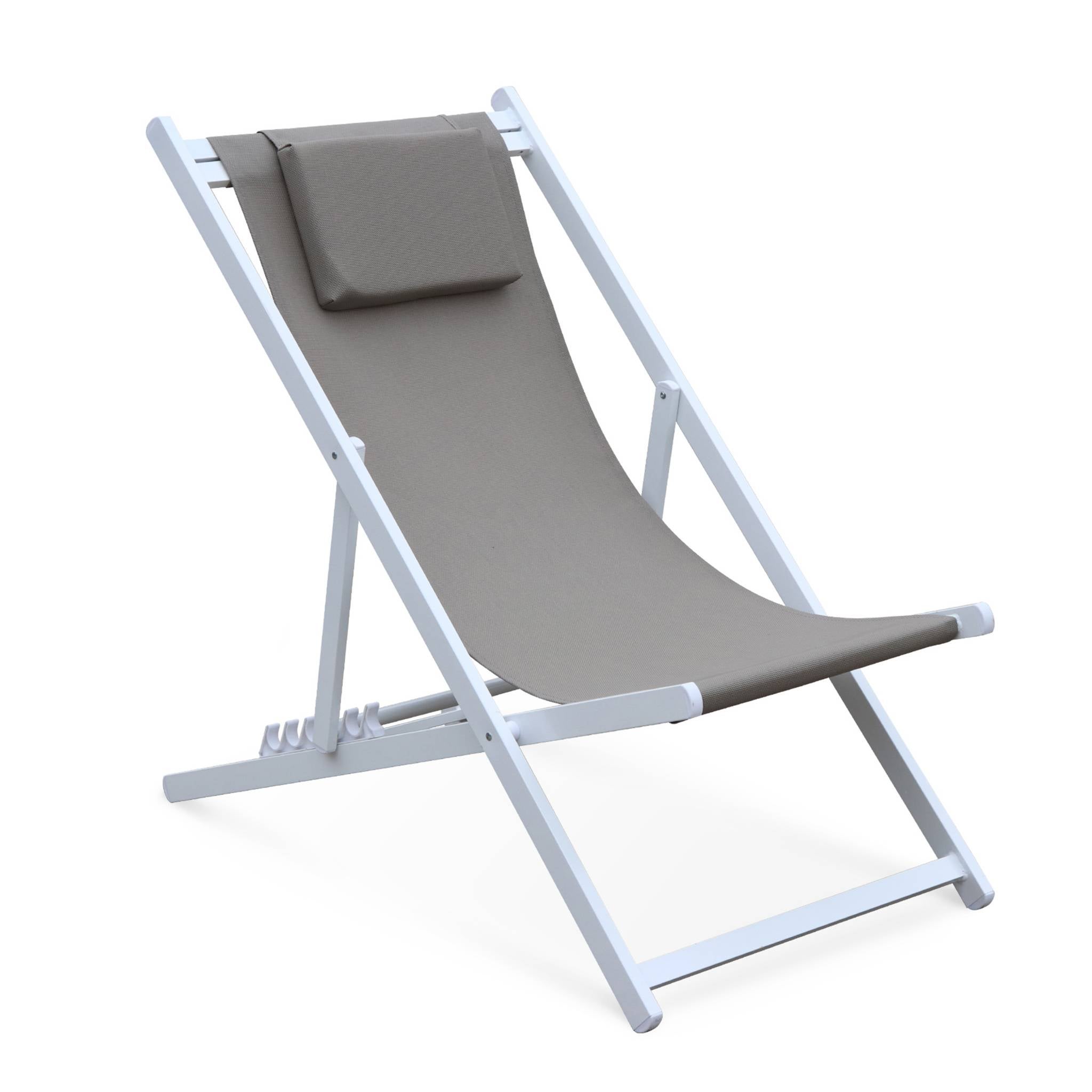Lot de 2 bains de soleil - Gaia taupe - en aluminium blanc et textilene taupe avec coussin repose tête. chilienne - 5