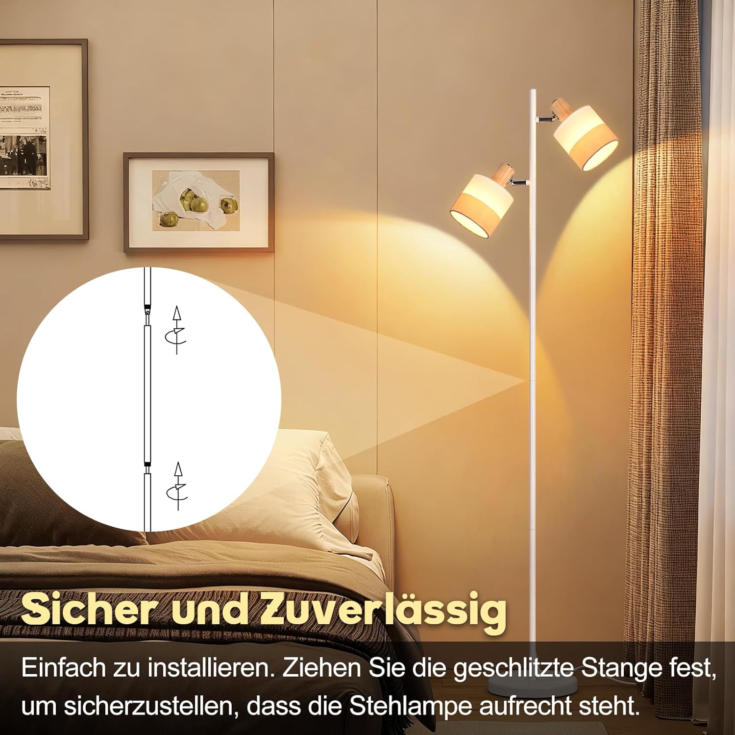 Lampa podłogowa Nettlife Vintage z drewna, 2xE14, styl retro, klosz z materiału, obrotowa, przełącznik nożny, salon/sypialnia - 6