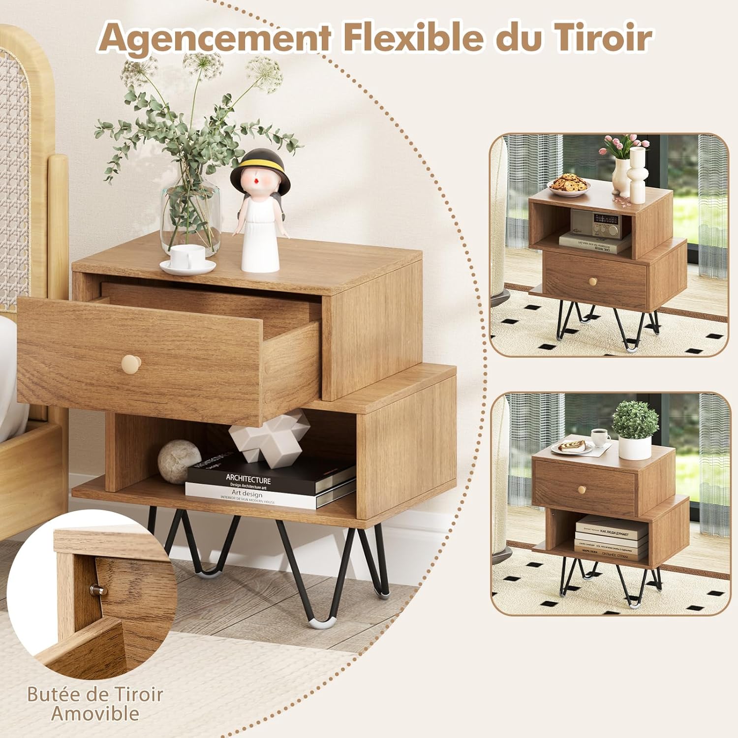 Table de Chevet Lot de 2 avec Tiroir, 4 Pieds en Métal Surélevés, Chevet de Lit Bois avec Compartiment, Design Irrégulier, Table de Nuit, Naturel - 5
