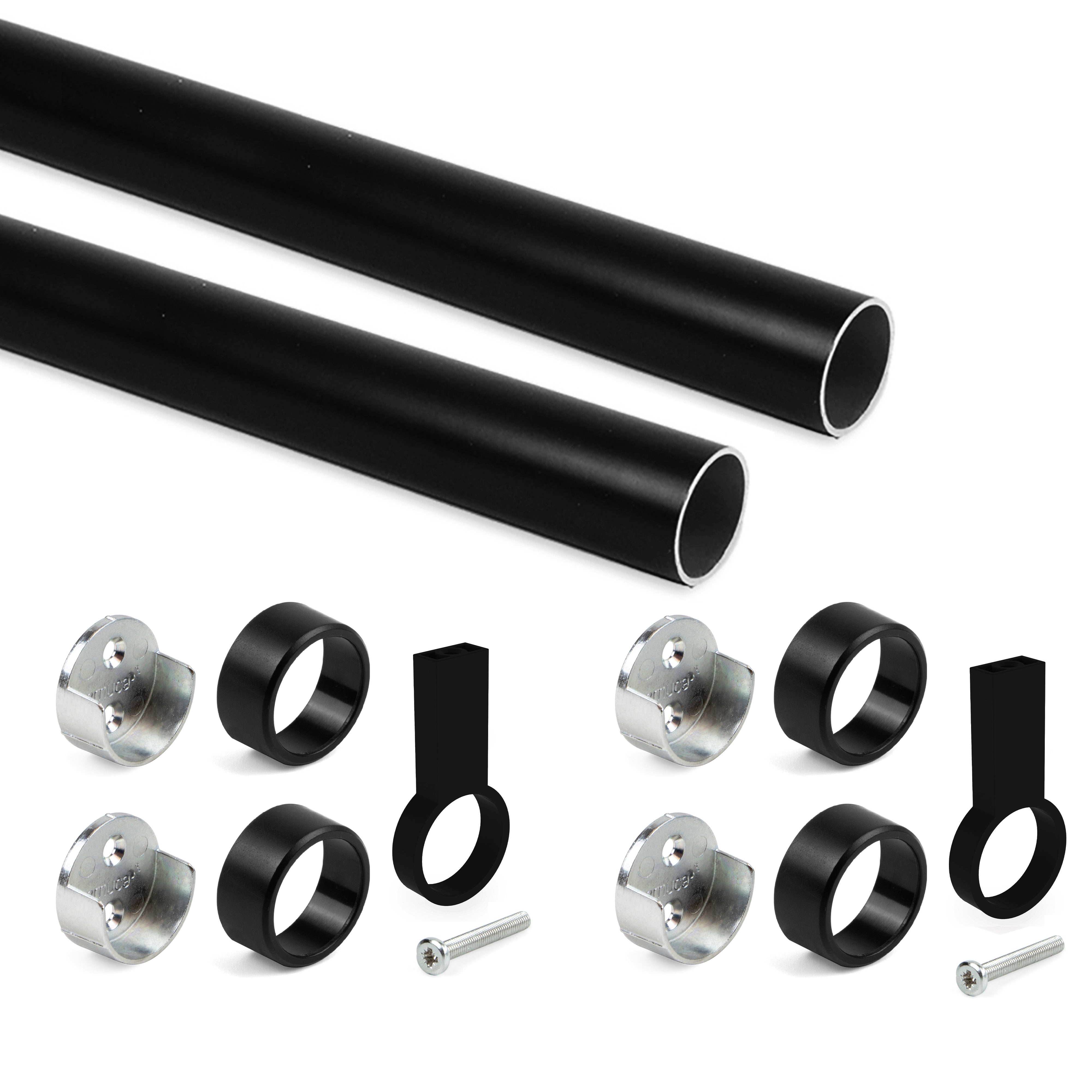 Emuca Pakiet 2 okrągłych drążków do szafek D.28mm długość 1,15m ze wspornikami, Aluminium i Znal, Malowane na czarno
