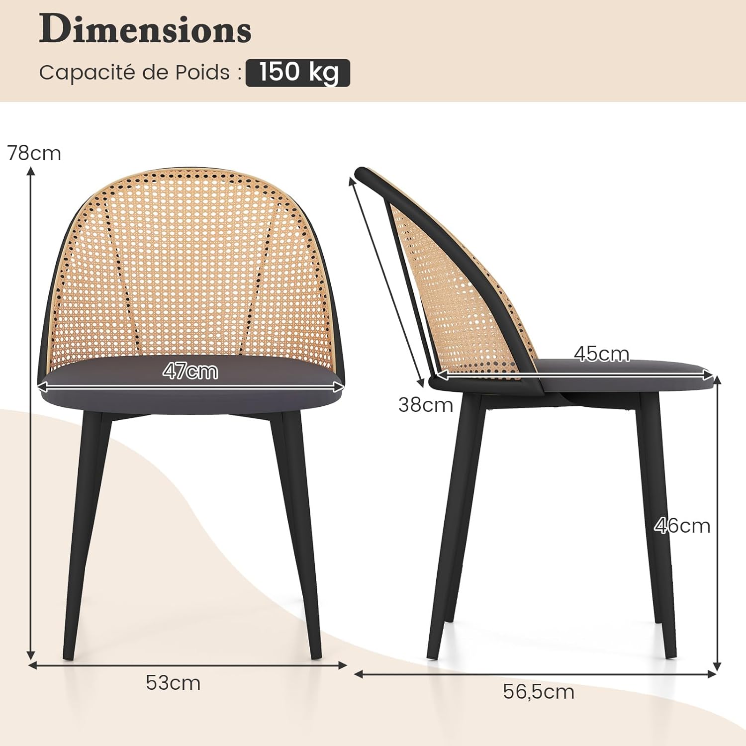 Lot de 2 Chaises de Salle à Manger, Chaise Cannage sans Accoudoirs, Siège Rembourré, Pieds Fuselés en Métal, Hauteur d’Assise 46 cm, Chaise - 3