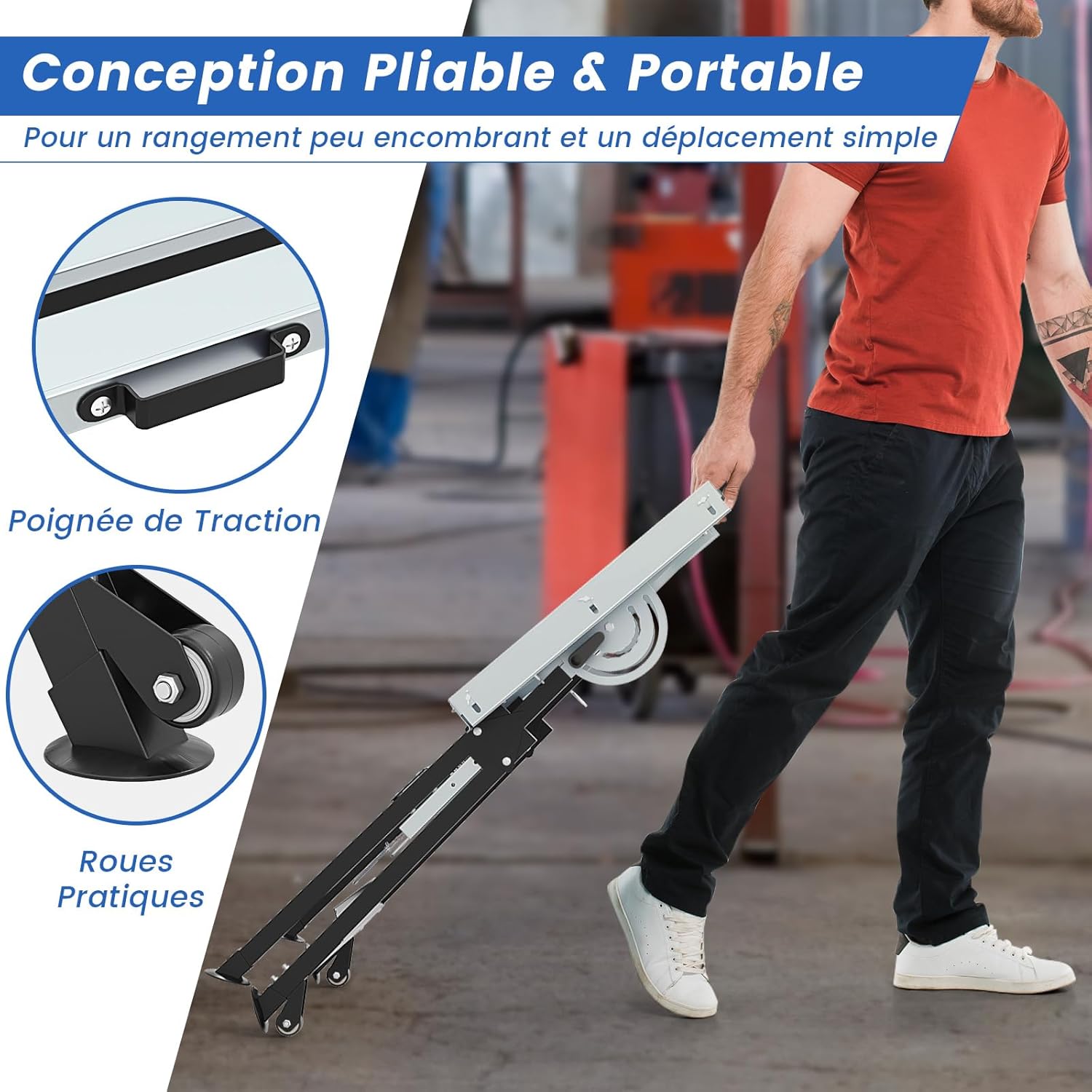 Banco da Lavoro Pieghevole, Tavolo da Lavoro Portatile con Piattaforma Inclinabile e Altezza Regolabile, 2 Ruote, con 3 Slot e 2 Portautensili - 3