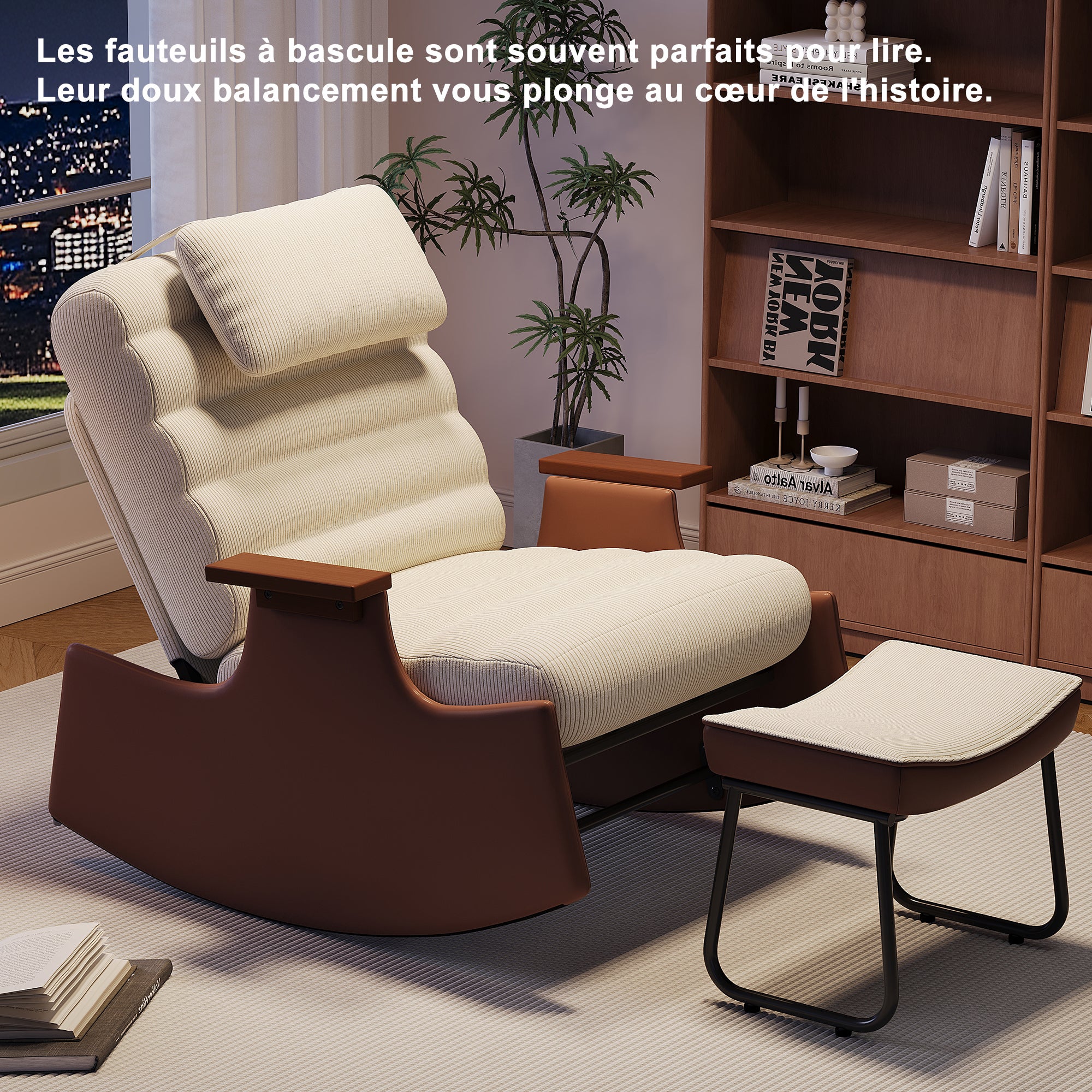 Fauteuil a Bascule avec Repose Pieds, Chaise a Bascule Allaitement Réglable 3 Positions Rocking Chair Intérieur Extérieur avec Coussin, Velours Côtelé - 6