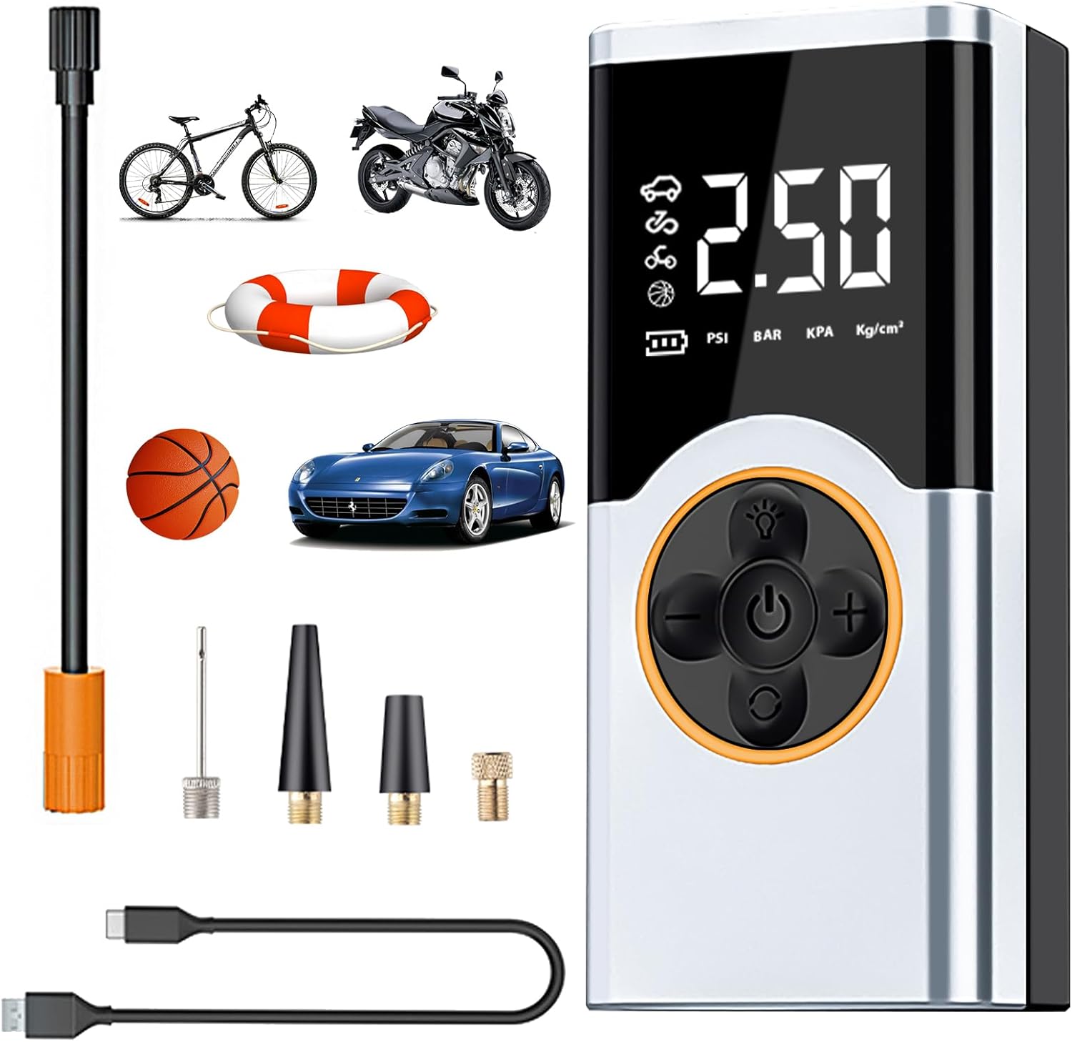150 PSI przenośna sprężarka powietrza, mini sprężarka do samochodu 4000 mAh, wyświetlacz cyfrowy i światło LED do rowerów, samochodów, motocykli