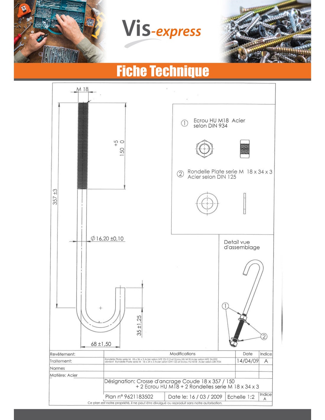 Crosse ancrage M18X357 Filetée sur 150 +2 Ecrou +2 Rondelle Acier zingué-1 piece - 2