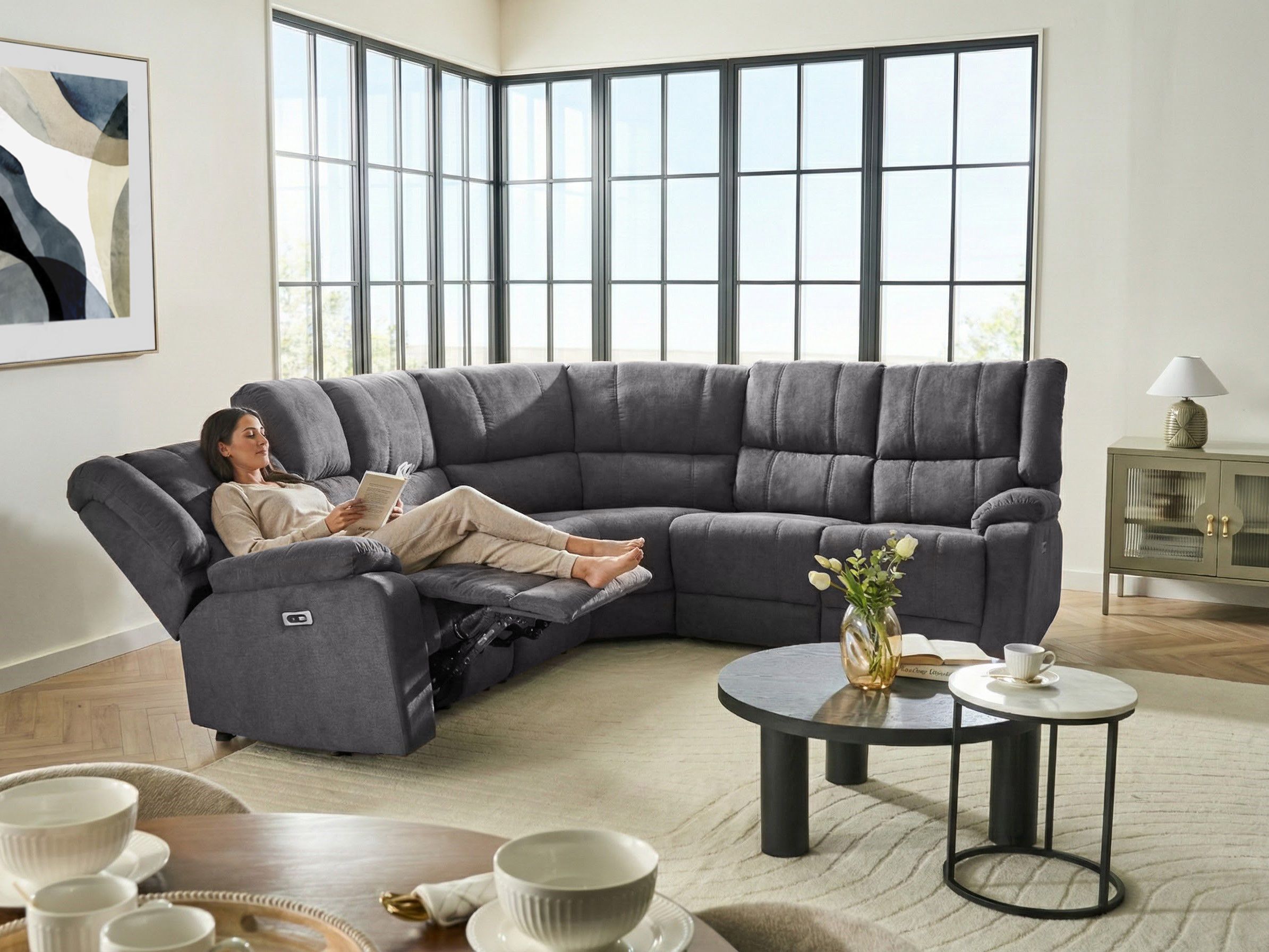 Canapé d'angle relax électrique ROKKE avec port USB Tissu Gris foncé ...