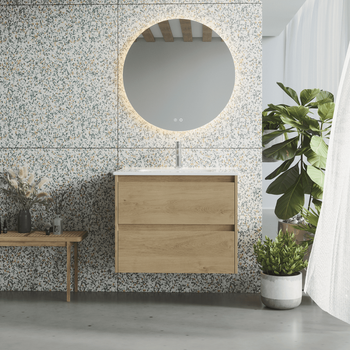 Armoire de salle de bain suspendue avec lavabo en céramique| 2 tiroirs | 60 cm Chêne naturel - 2