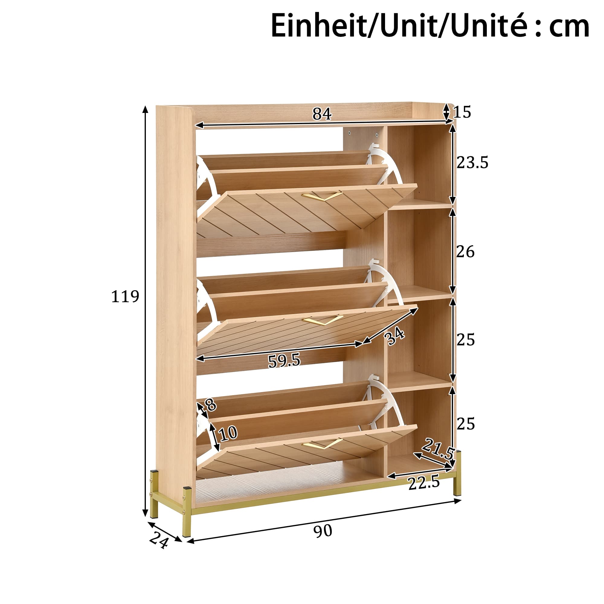 Armoire à Chaussures Nordique Aspect Chêne, Meuble d’Entrée Mince 3 Portes, Couvercle Rabattable & Étagères Latérales, Grande Capacité - 4