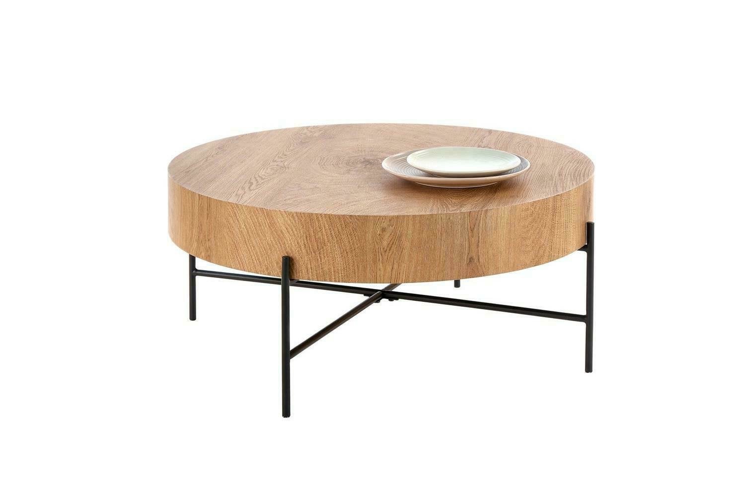 Stolik kawowy okrągły Woodsten INTESI dębowy loftowy z metalową podstawą 80 cm do salonu 1 szt.