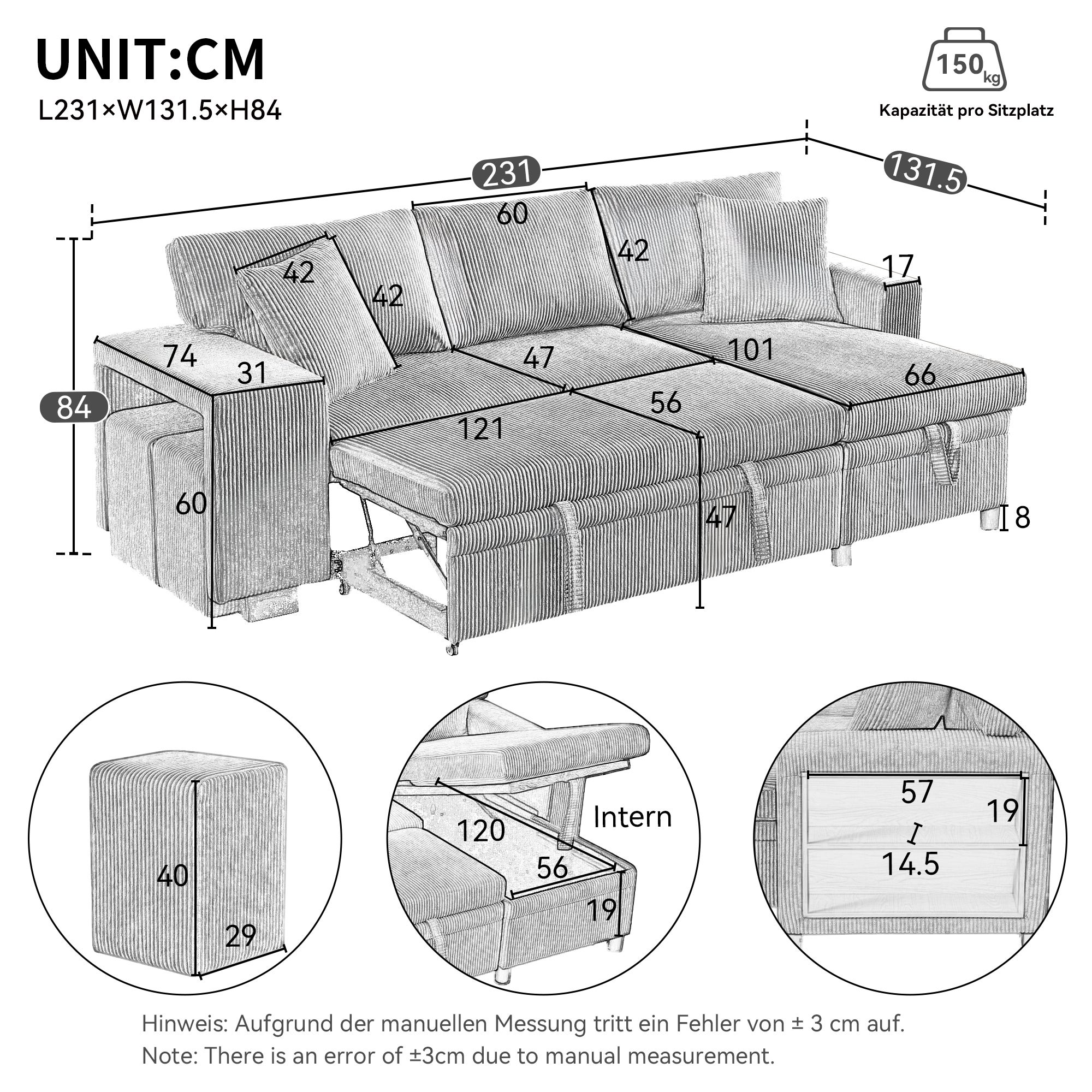 Canapé d'angle 3-4 places convertible en lit avec prise de USB et tablette latérale - 209 x 130 x 84 cm - Tissu Velours - 2 tabourets - beige - 2