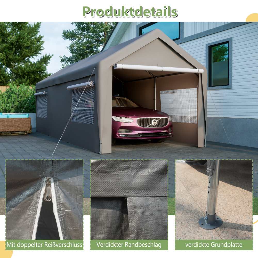 Tente Garage Carport 3x6m - Gris, Fenêtres Coulissantes, Murs et Toit Amovibles - 8
