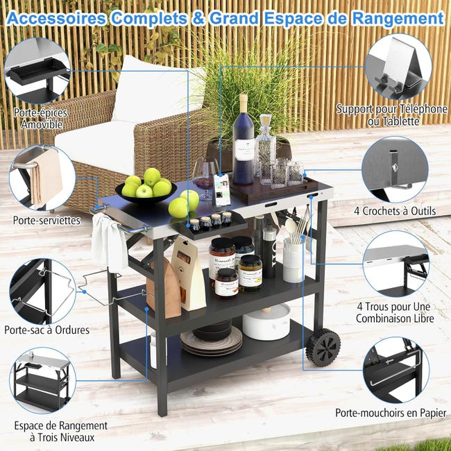 Chariot Barbecue Multifonction 3 Étages Noir - Table D'Appoint Extérieur Avec Porte-Serviettes, Crochets Et Roues, Idéal Jardin Et Camping