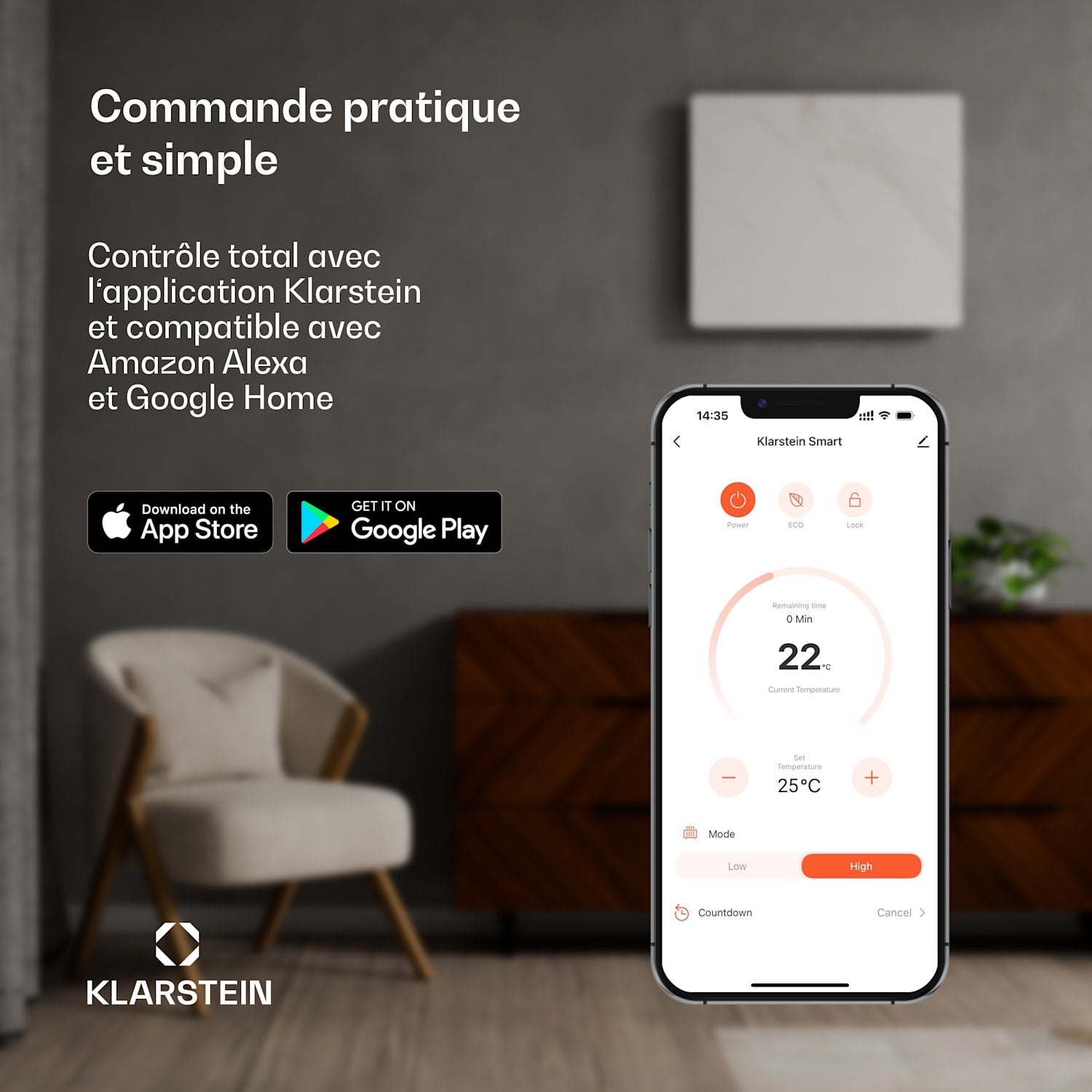 KLARSTEIN Galeras Smart cheminée électrique | 2 niveaux de chauffage | 16 - 30°| flammes LED | compatible IOT Noir - 5
