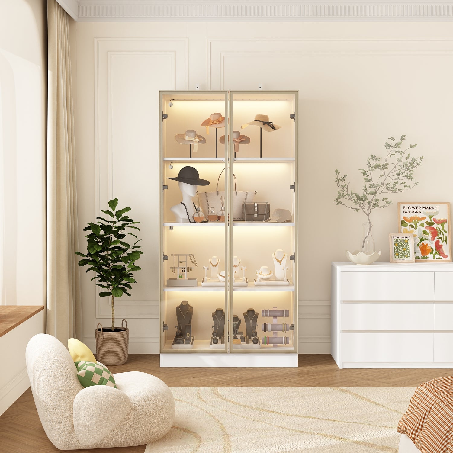 Vitrine avec LED et Portes en Verre Meuble de Rangement en Verre Debout avec 4 étagères Design Pop-up 80x40x160cm Blanche - 8