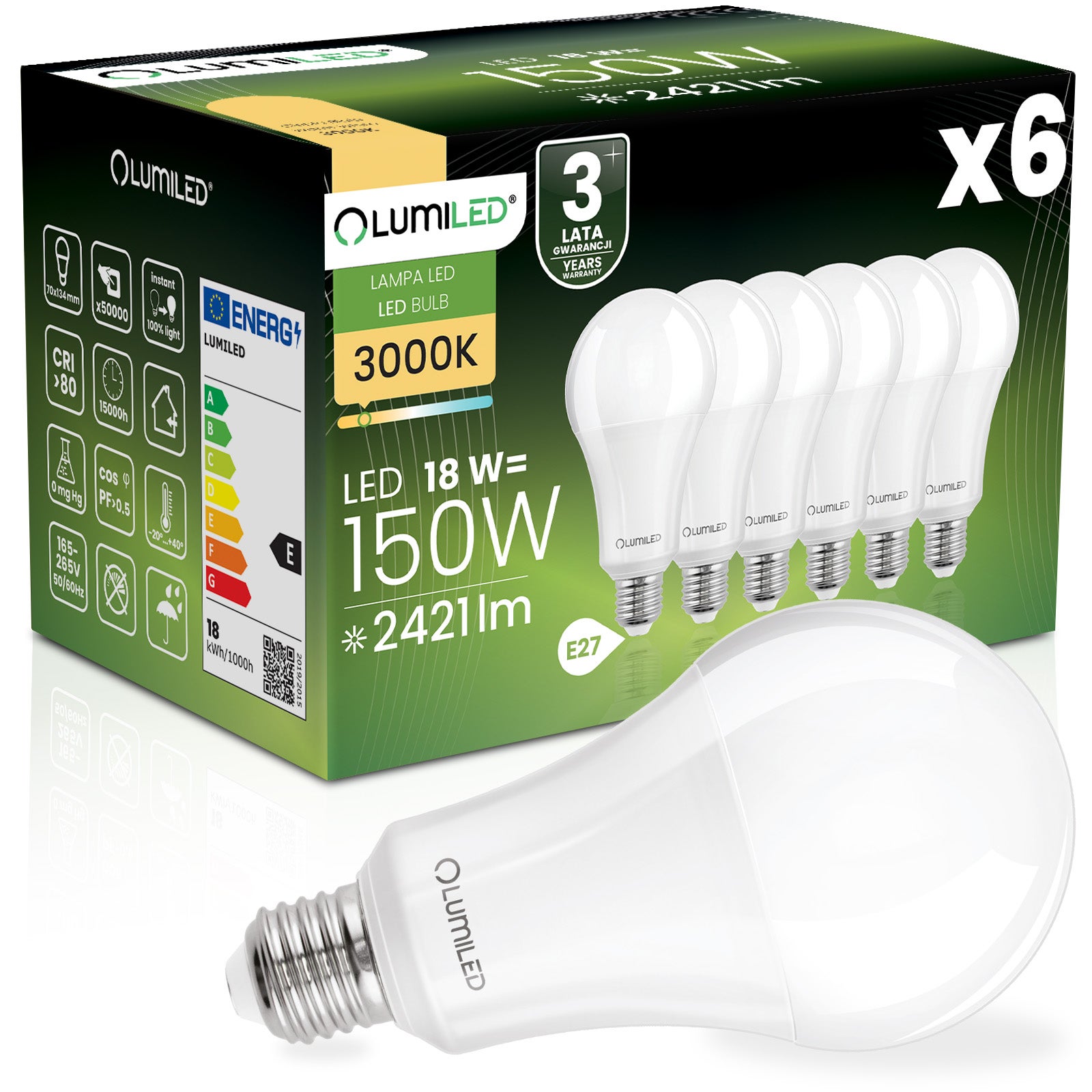 Żarówka LED Lumiled E27 A70 18W 2421lm 3000K Ciepła biel 260st 6 szt.