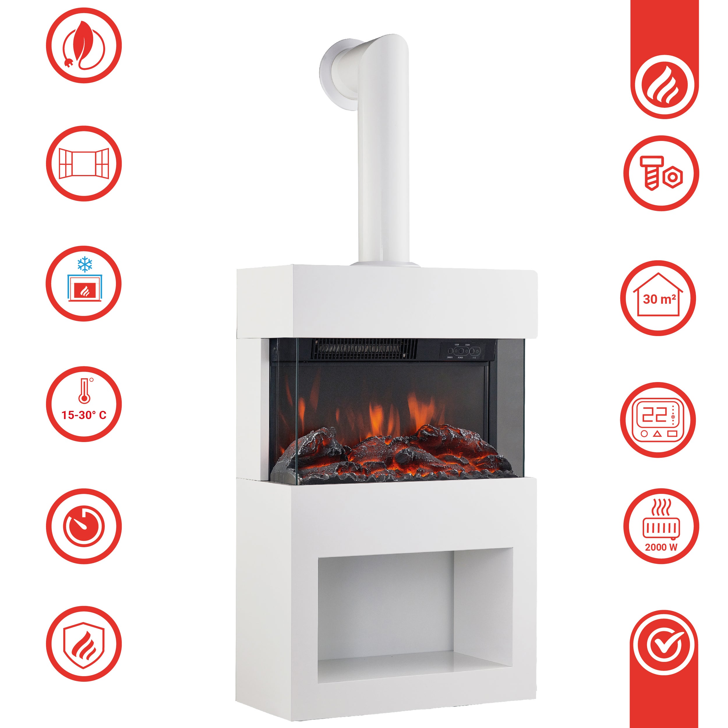 KAMINIO Cheminée Électrique HENRI avec Tuyau - Poêle avec Chauffage, Effet de flamme 3D, Compartiment à bois, Télécommande - Blanc - 4