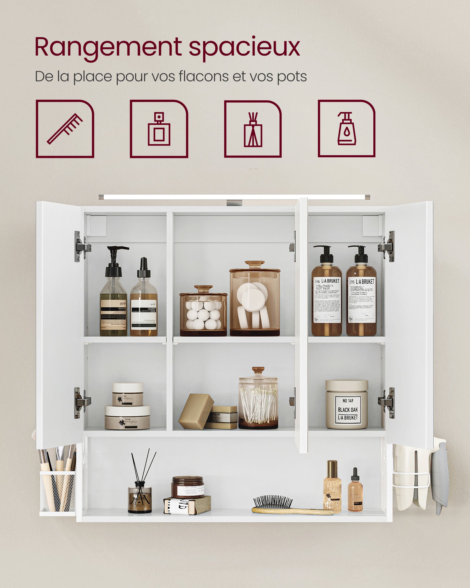 Armoire Murale avec Miroir, avec Lampe LED, avec Câble, Placard 3 Portes, Étagère Réglable, Porte Sèche-Cheveux, Pot, Moderne Chic, Blanc - 2