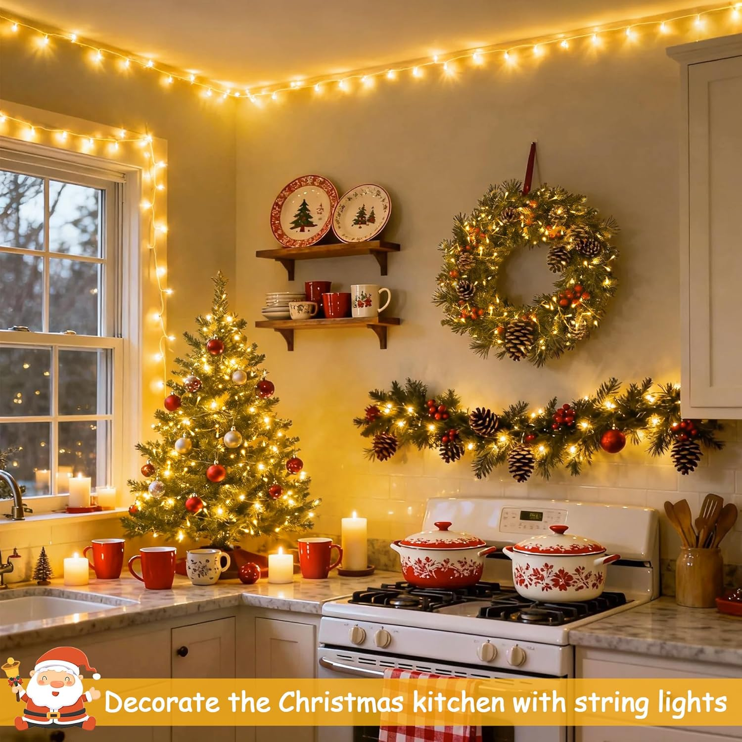 Guirnalda de luces LED navideñas para interior y exterior, 10 m - 80 LED, Luces para árbol de Navidad, funciona con pilas, resistente al agua, 8 modos - 8