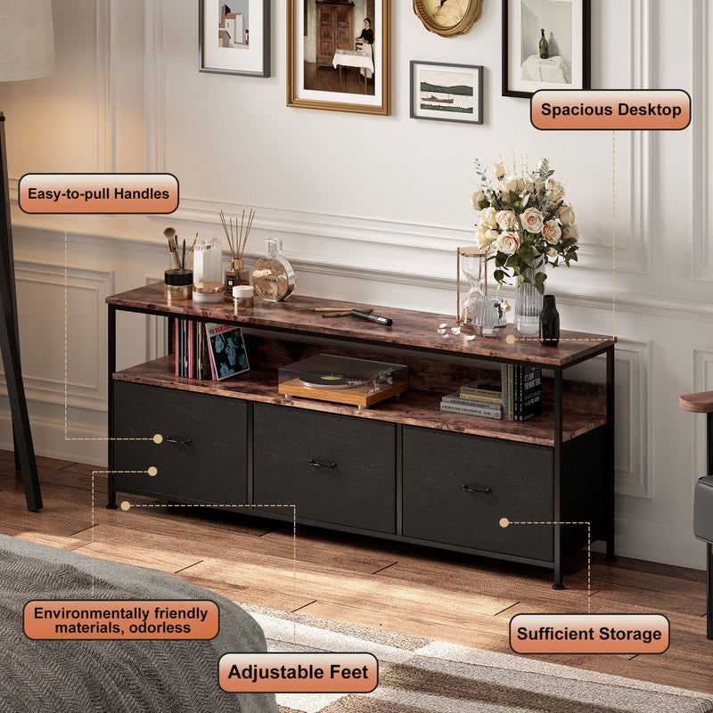 Meuble TV, 108x30x57cm, avec bande lumineuse LED et 3 tiroirs, pieds réglables en hauteur, structure en fer, meuble tele - 7