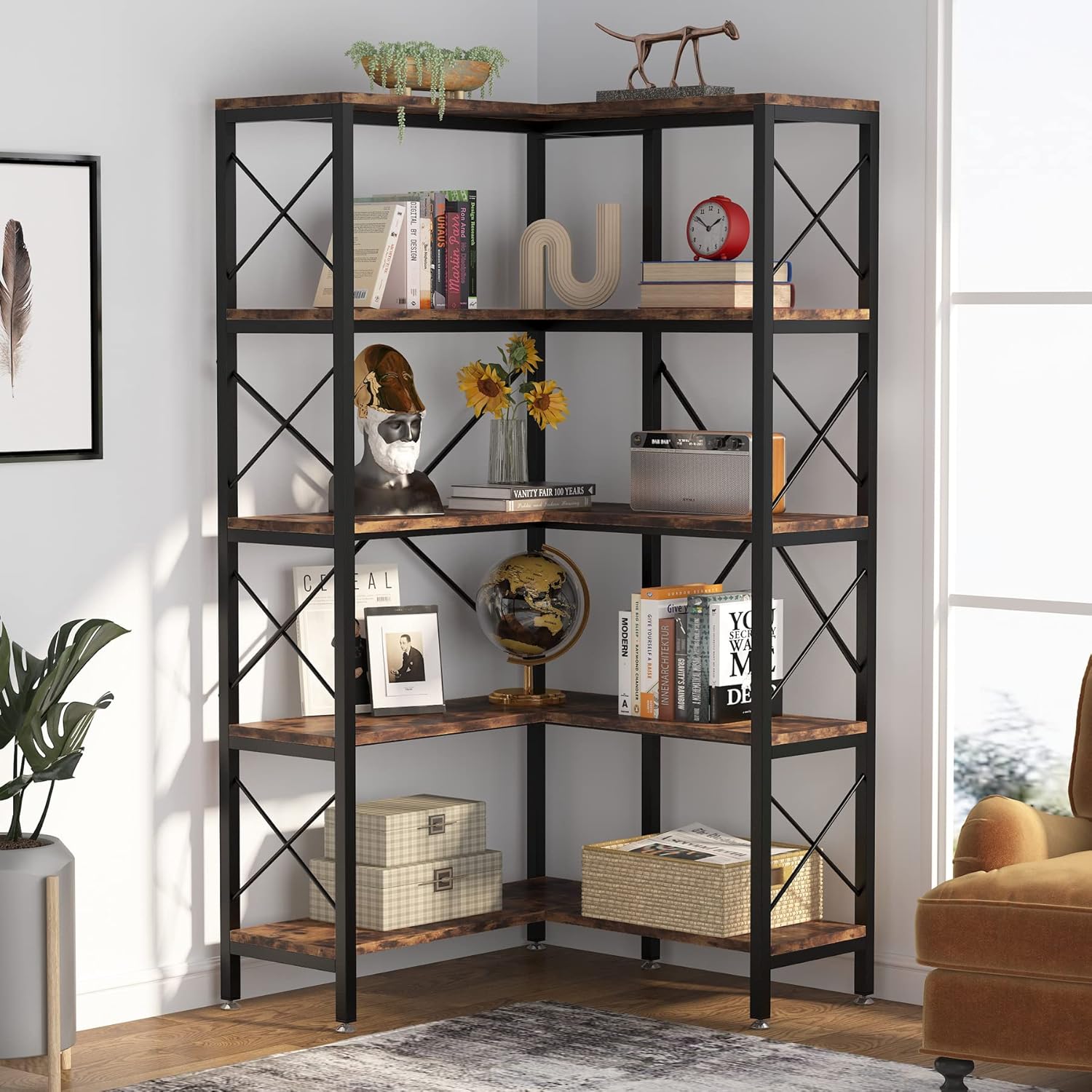 TRIBESIGNS - Bibliothèque 2 pcs - Bibliothèque Industrielle - 5 Couches - Bois/Métal