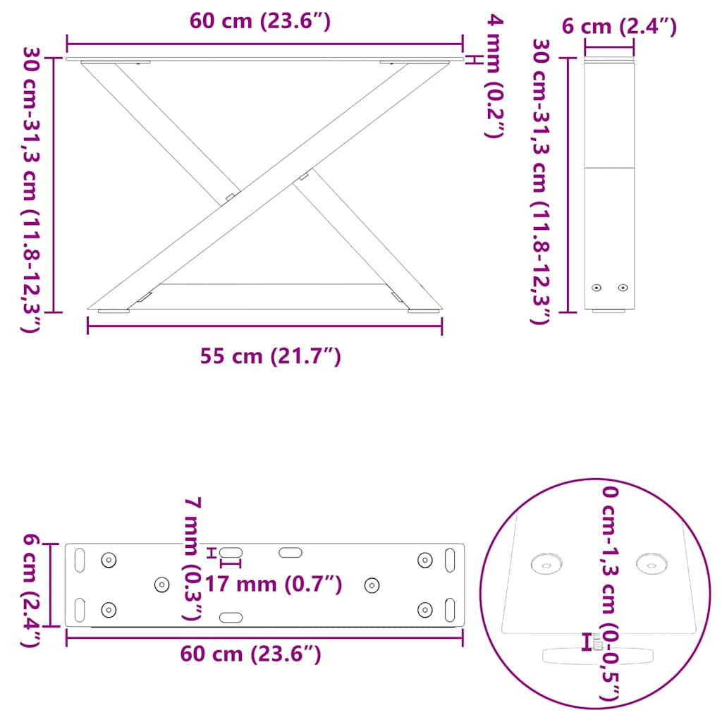 Pernas para mesa de centro 2 peças aço natural 60x(30-31,3)cm aço - COMFORTXL - 9