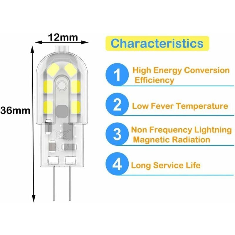 Ampoule LED G4 2W, ampoules halogènes équivalentes 20W, blanc froid 6000k, 200Lm, 12x SMD, 12V AC/DC-lot de 10 [Classe énergétique A+] - 2