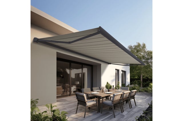 Store banne Coffre intégral PROTECT 2 Gris Anthracite 6x3,5m Motorisé à télécommande - Toile Grise Rayée