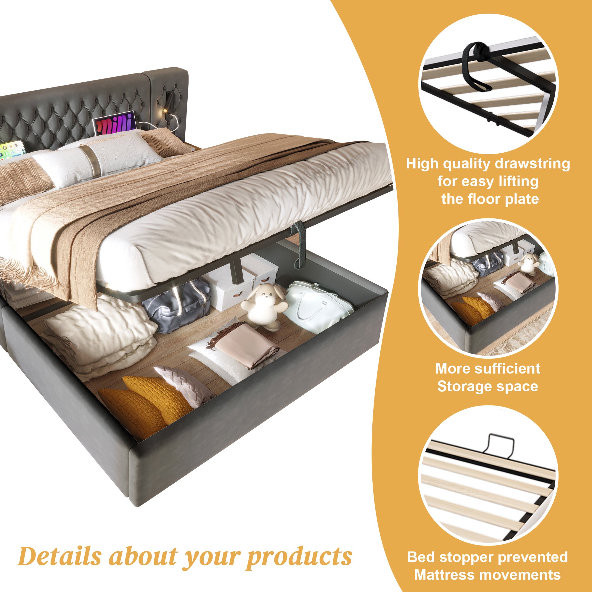 Lit 180x200 avec 2 tables de chevet et hydraulique, lampe de lecture de tête de lit avec chargement USB, Velours Gris(Sans Matelas) - 3