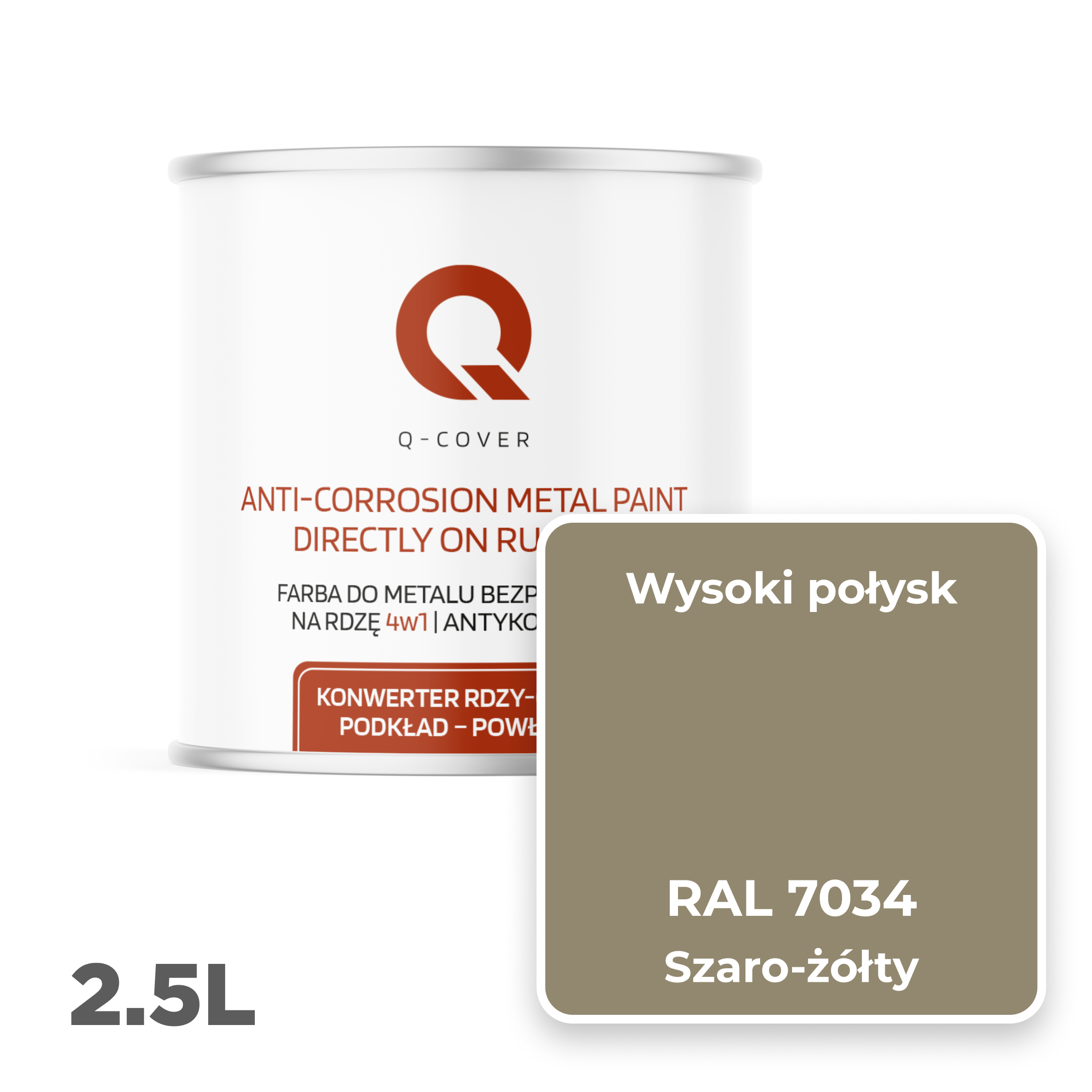 Farba do Metalu Prosto na Rdzę 4w1 Q-Cover Szaro-żółty RAL7034 Wysoki Połysk 2.5L - 2