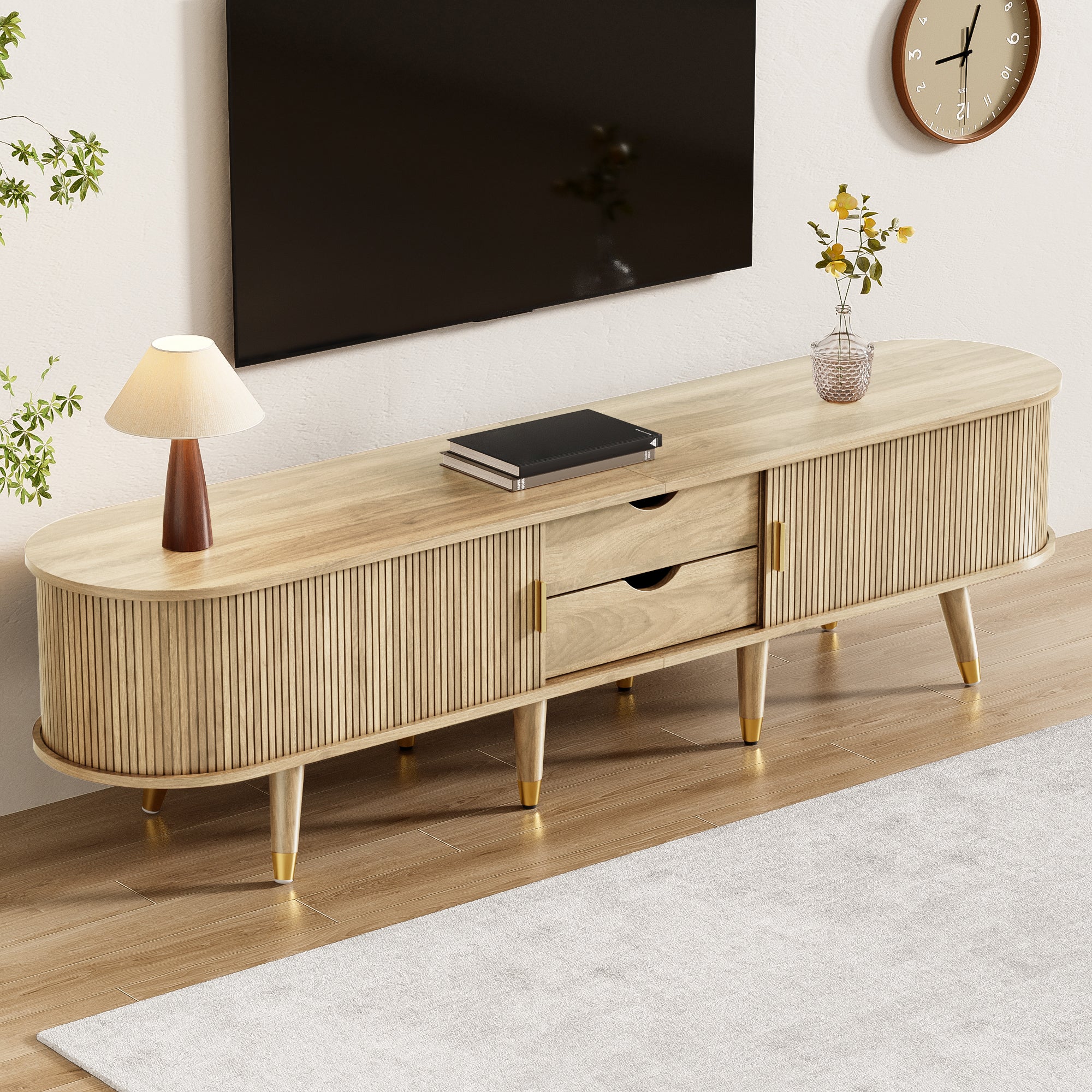 Stolik pod TV z 2 drzwiami przesuwnymi i 2 szufladami - 175 x 38 x 45 cm - MDF - Dąb - 9