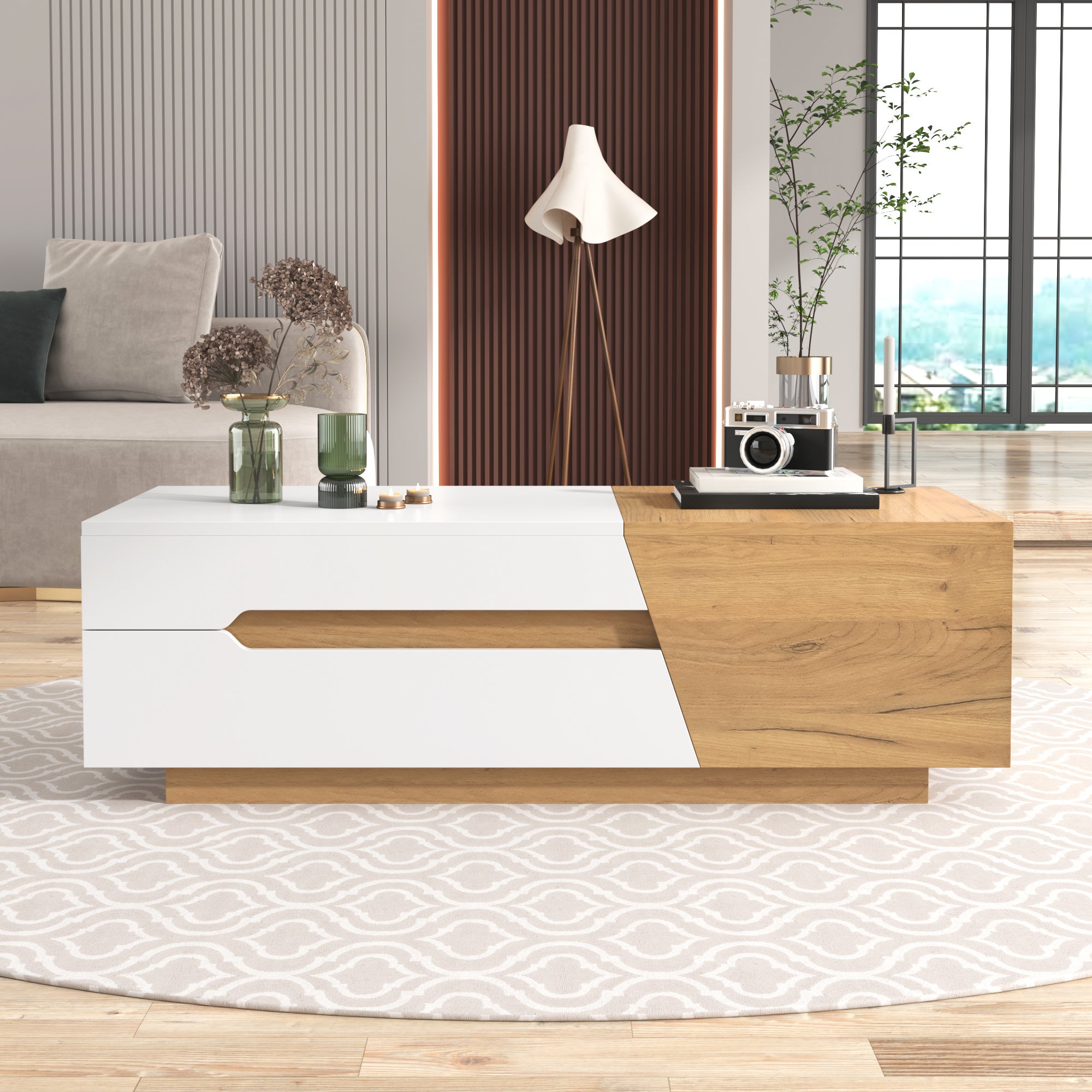 Tavolino rettangolare allungabile 120/201,5x50x37,5 cm con 2 cassetti, vano nascosto, in MDF, rovere e bianco - 5