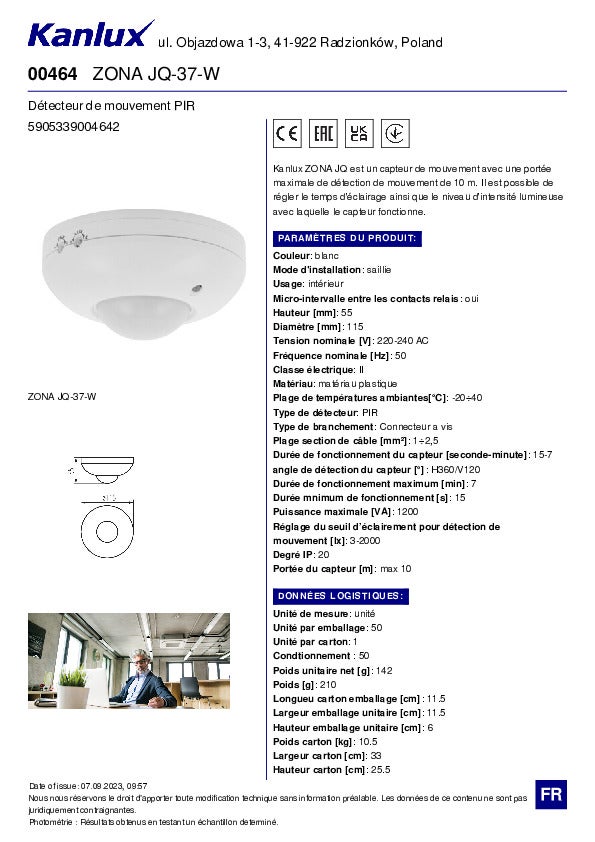 Détecteur de mouvement PIR – 360° – Blanc – 10m – Kanlux ZONA JQ - 8