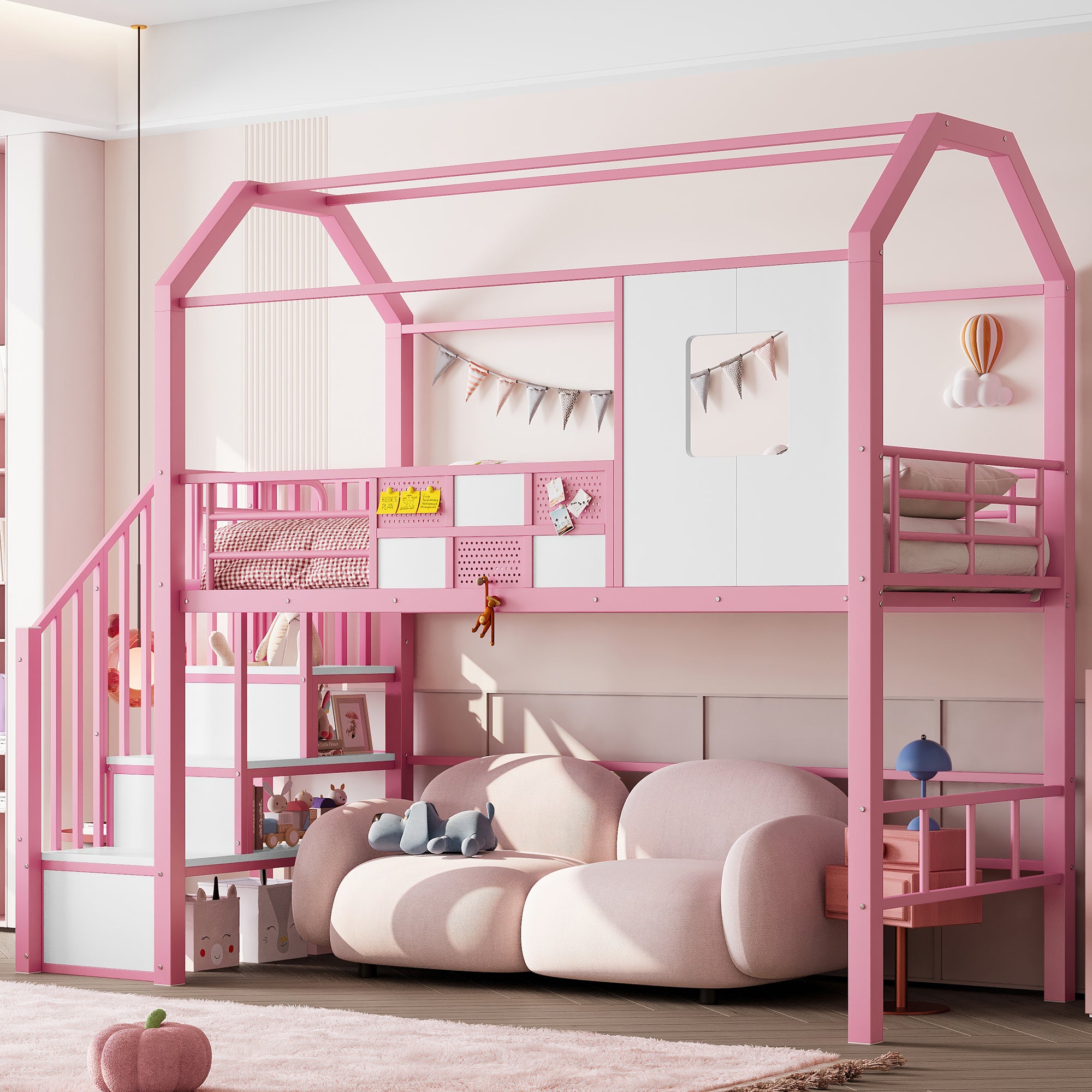 Lit Mezzanine 90x200 Cm En Métal Avec Toit Et Escalier Rangement - Barrière Sécurité, Couleur Rose