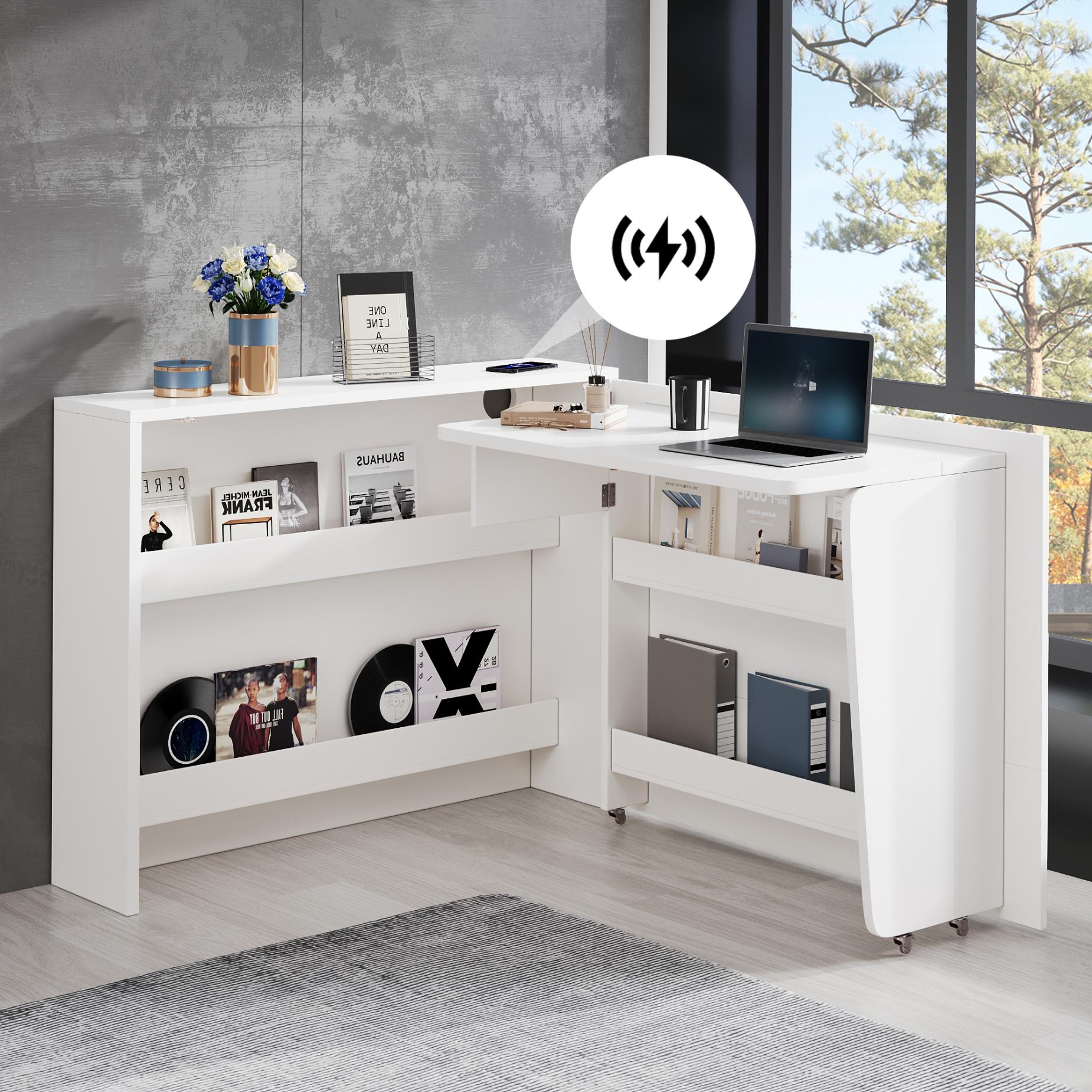Bureau Pliable avec Roulettes et Chargeur Sans Fil – 2-en-1 Sideboard et Espace de Travail avec Étagères et Sécurité Anti-Basculement - 2
