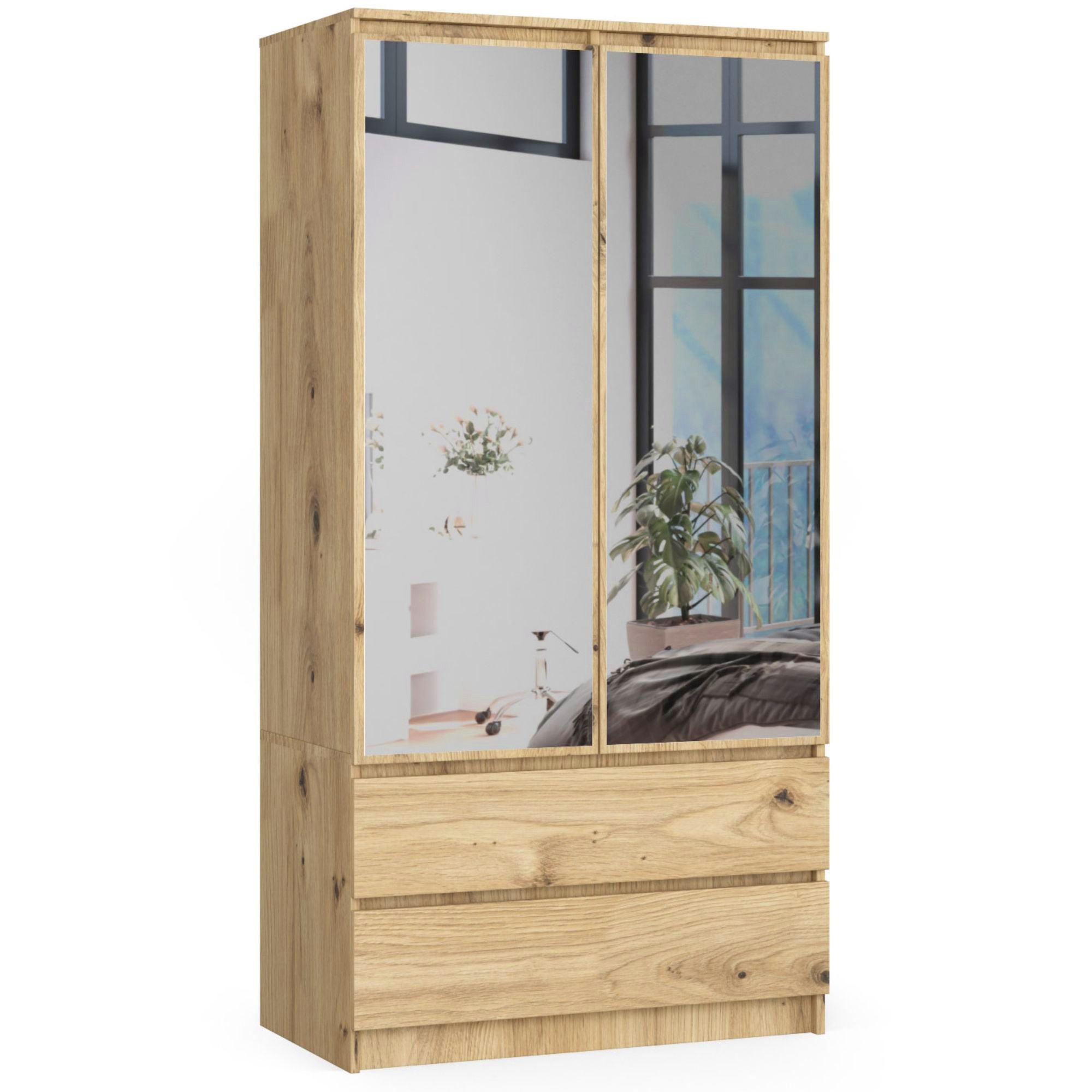 Szafa AKORD S90 Dąb Artisan 90 cm z lustrem 2 drzwi 2 szuflady kolor Dąb Artisan mat 4 półki 90x51x180 cm