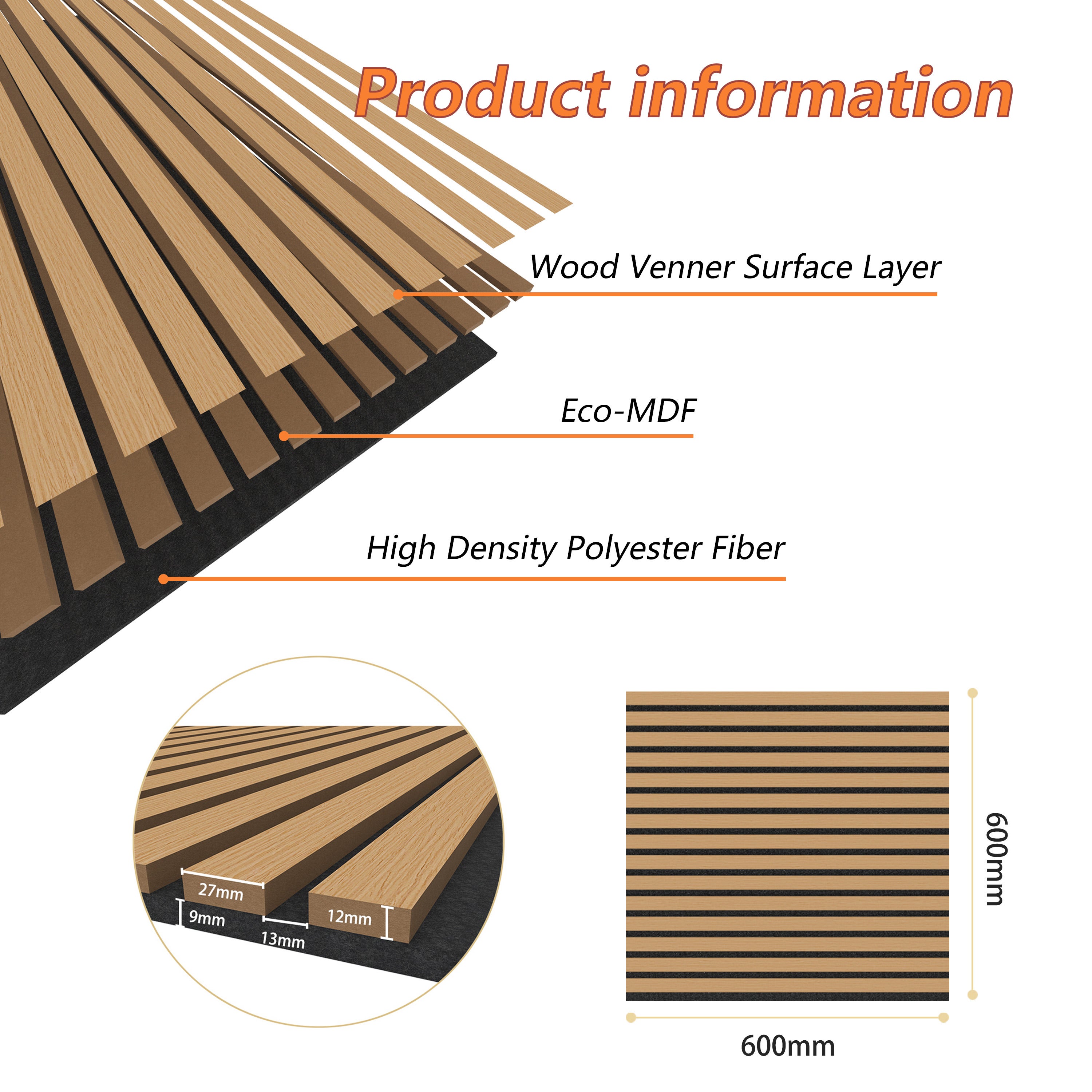 Lot de 4 Panneaux Muraux Décoratifs Acoustiques Bois MDF 60x60cm Chêne foncé AntiBruit, Facile à Poser - 3