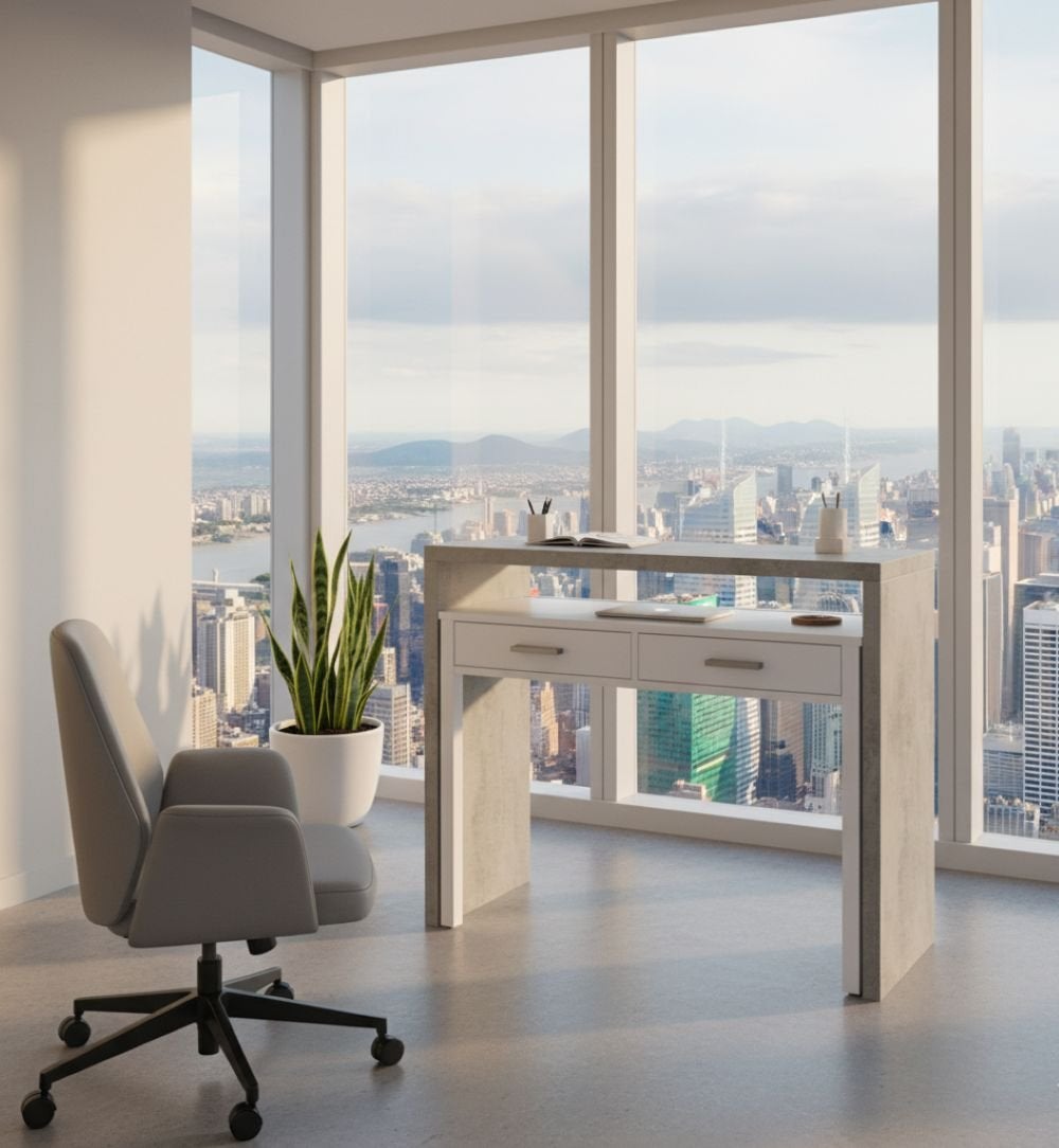 Bureau Billings, Bureau avec plateau extensible, Bureau PC avec 2 tiroirs, 99x36h88 cm, Ciment et Blanc - 7