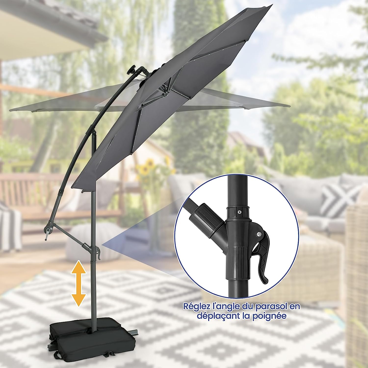 Guarda-chuva offset 3x3m, grande guarda-chuva cinza - 3