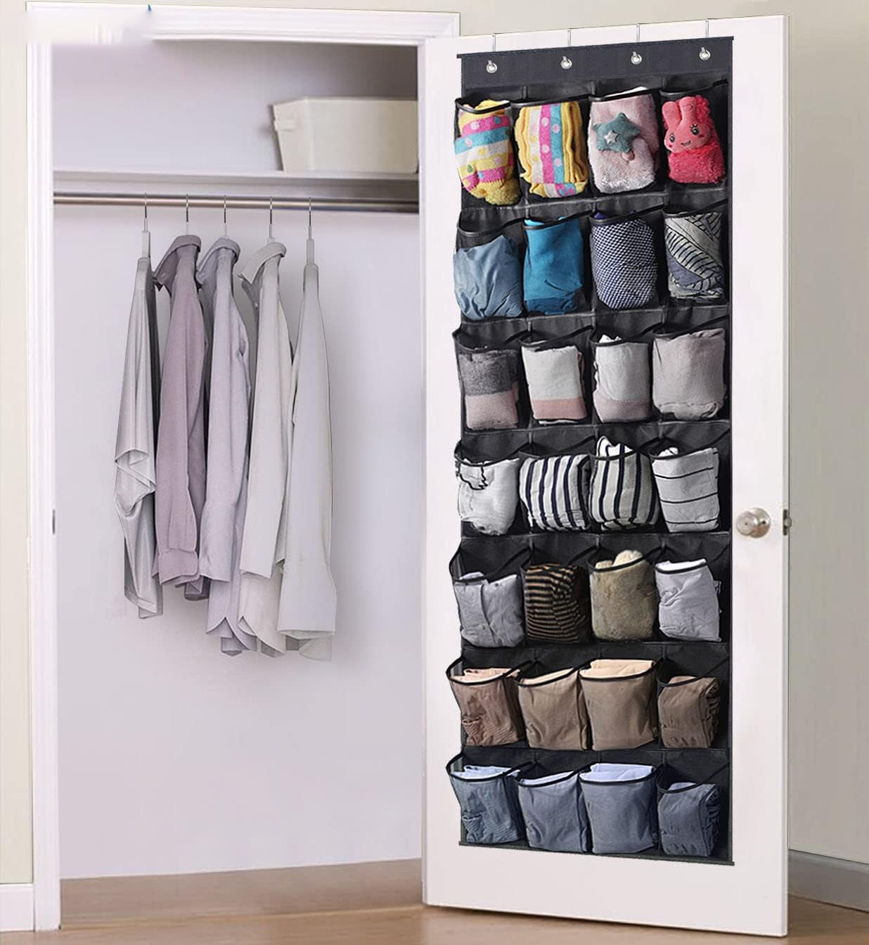 Sac Rangement Chaussures 24 Poches Avec 4 Crochets + Gant Cirage - Organiseur Porte Gris