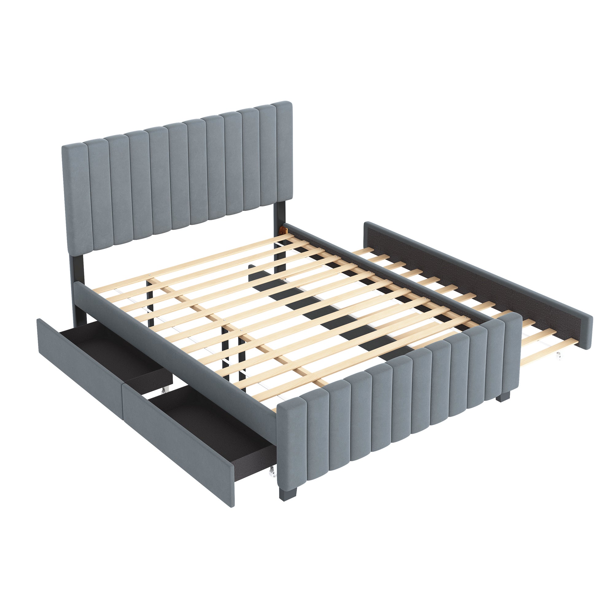 Lit gigogne 140 x 190 cm lit capitonné avec 2 tiroirs, velours, gris, sans matelas - 5