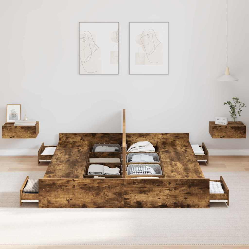 Cadre de lit avec rangement et tiroir, chêne fumé, pour la chambre, 150 × 200 cm - 3