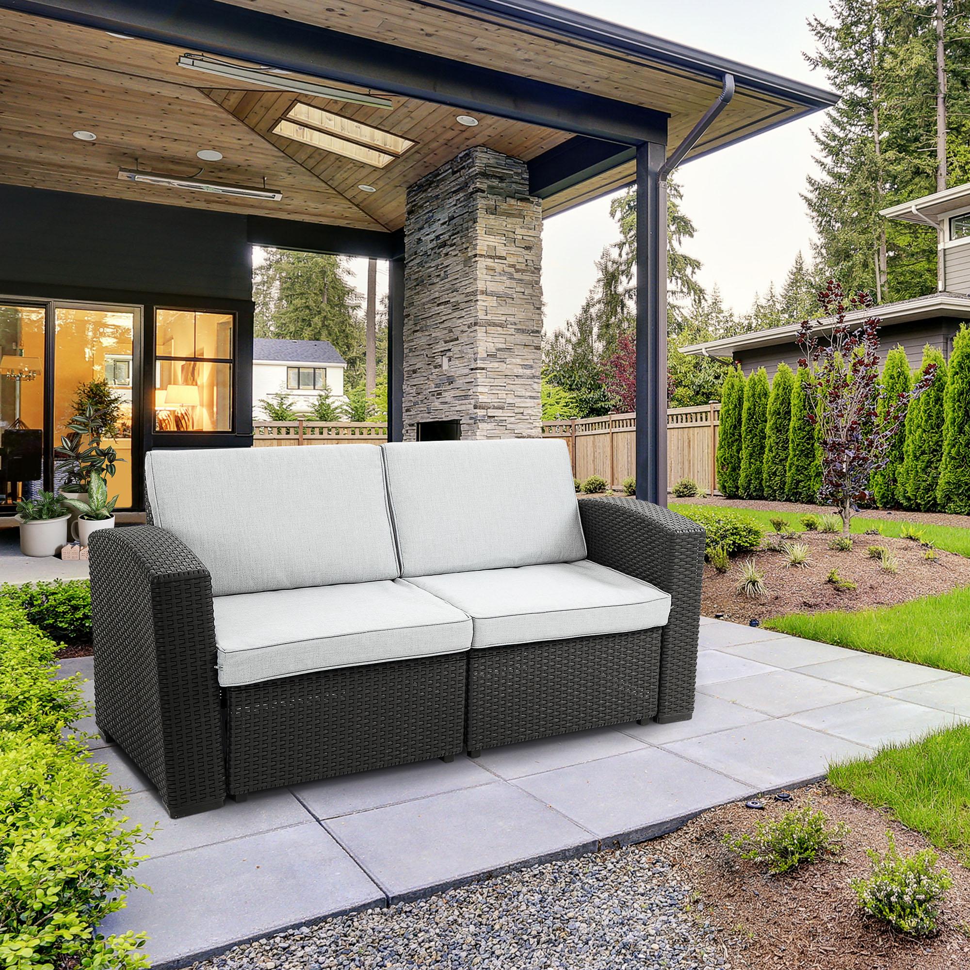 Divano Da Giardino 2 Posti In Polyrattan - Nero Con Cuscini Bianco Crema - 140x70x54 Cm - Foto 10